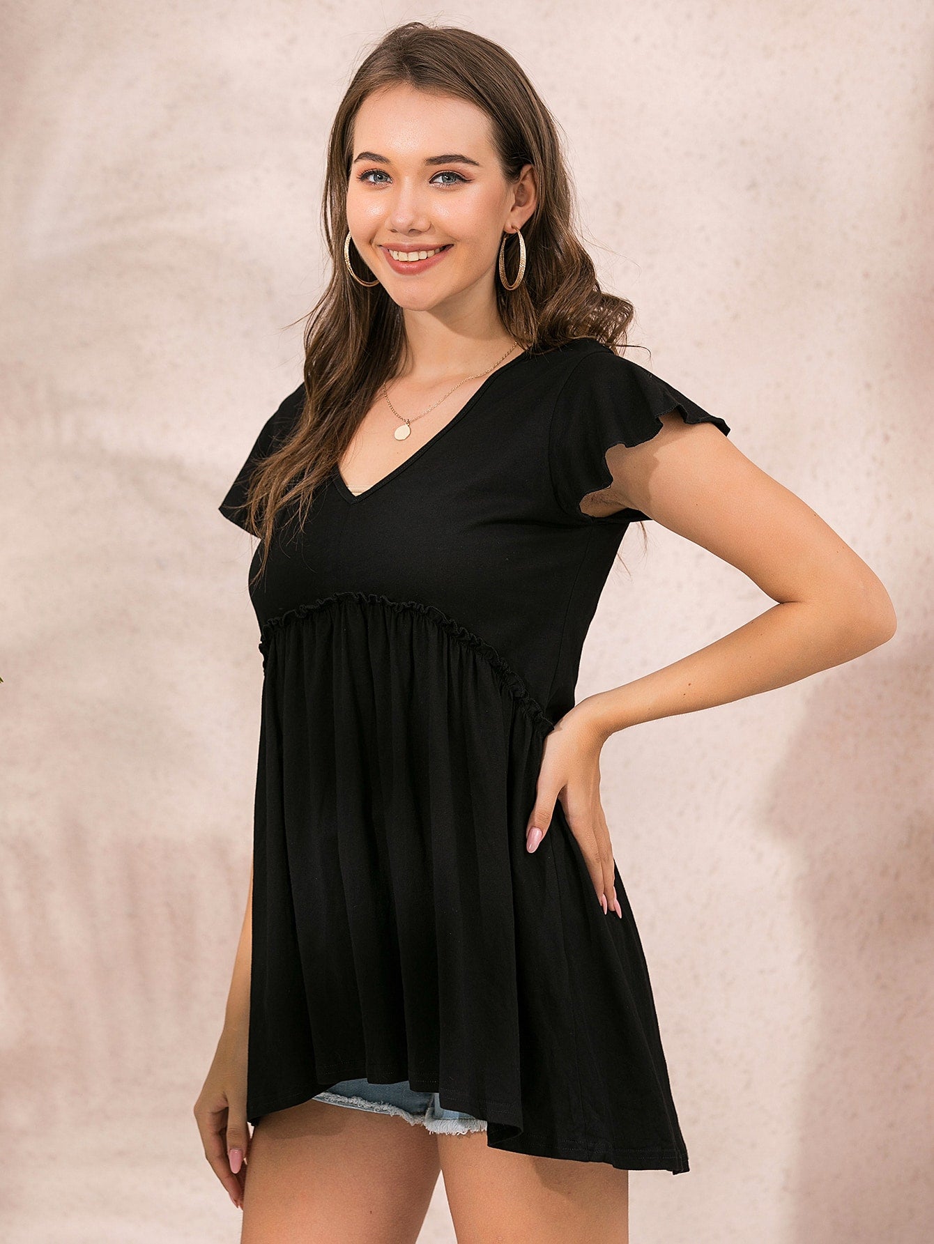 Solid Ruffle Trim Babydoll Tee