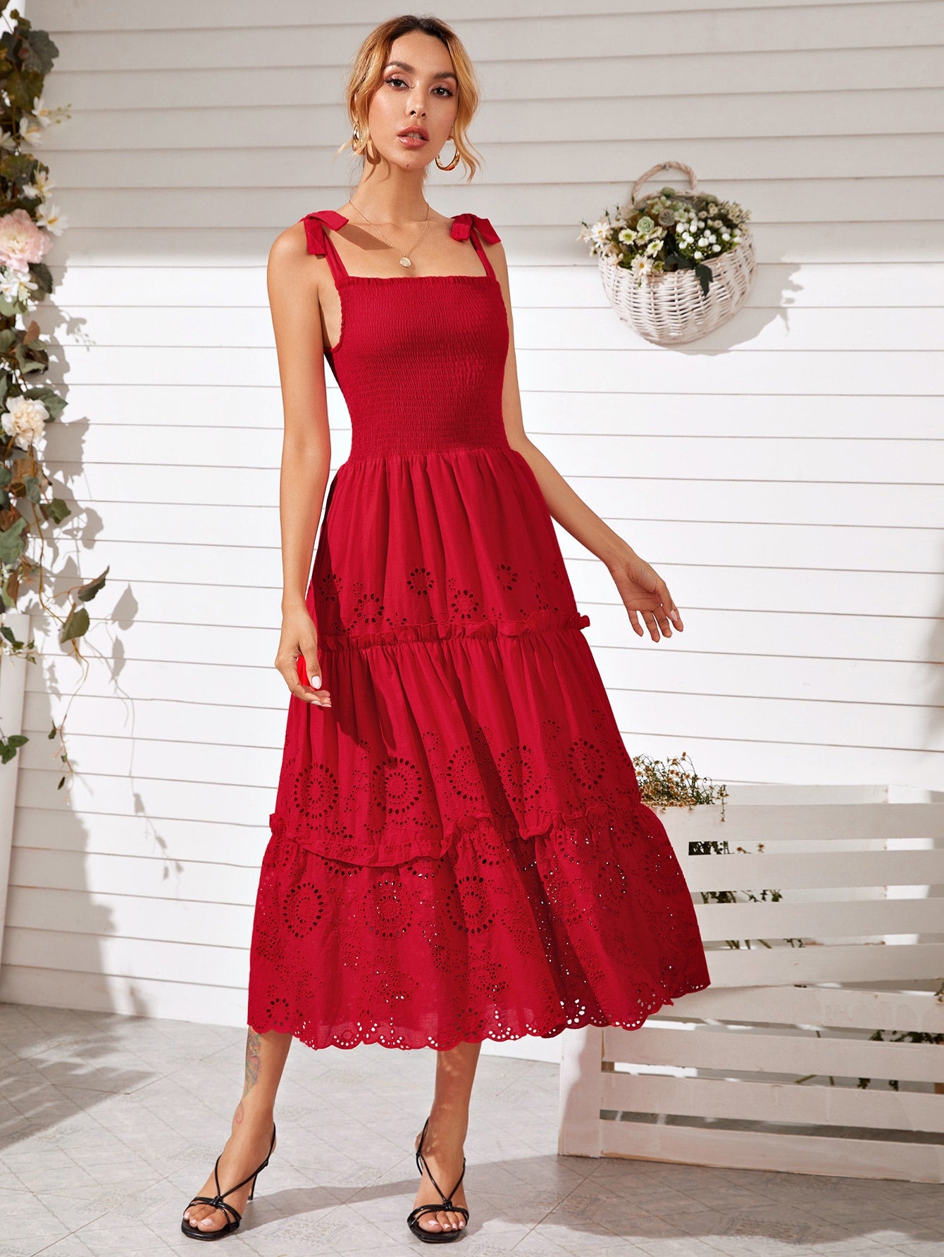 Knot Shoulder Eyelet Embroidery Shirred Cami Dress