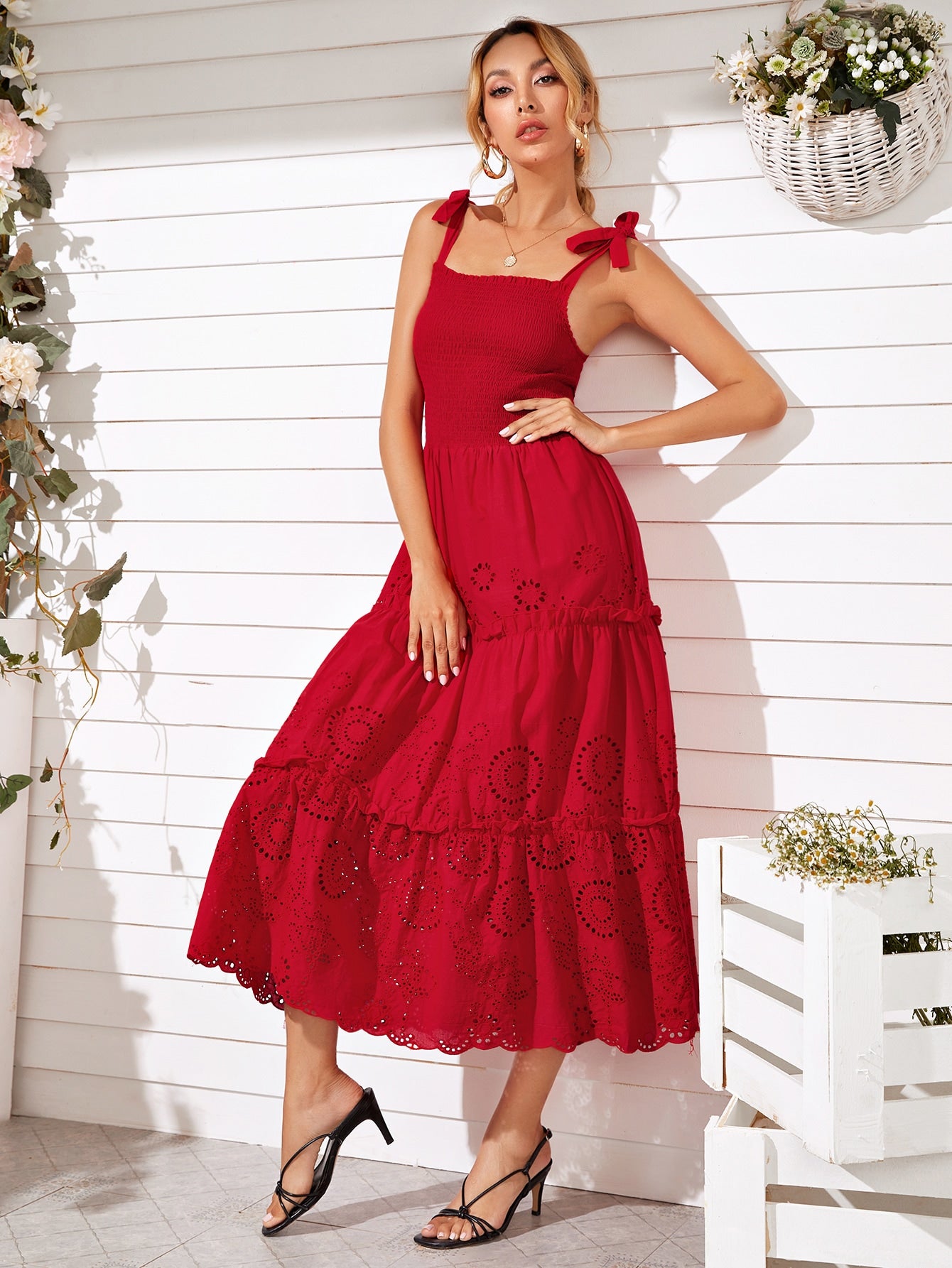 Knot Shoulder Eyelet Embroidery Shirred Cami Dress