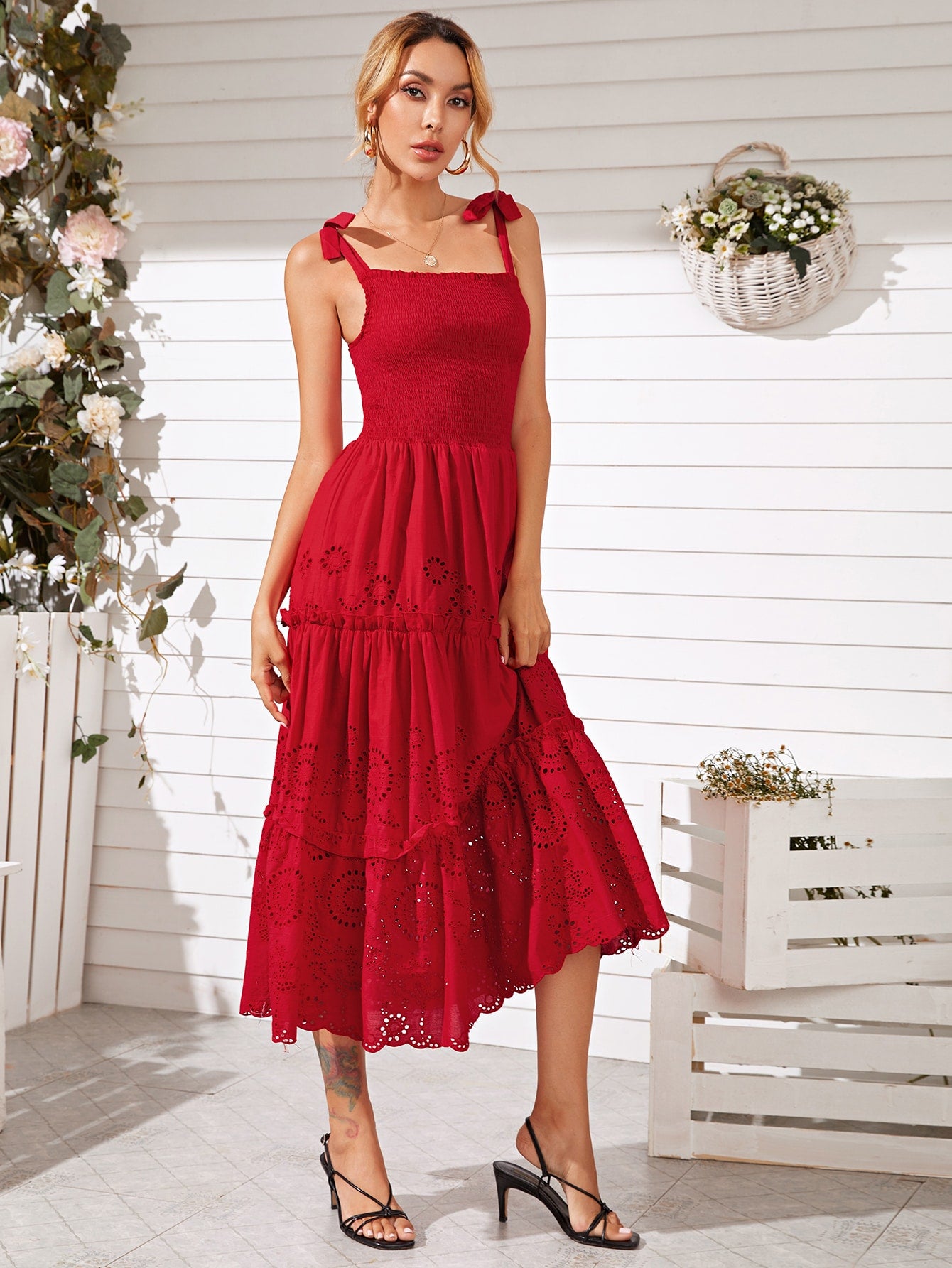 Knot Shoulder Eyelet Embroidery Shirred Cami Dress