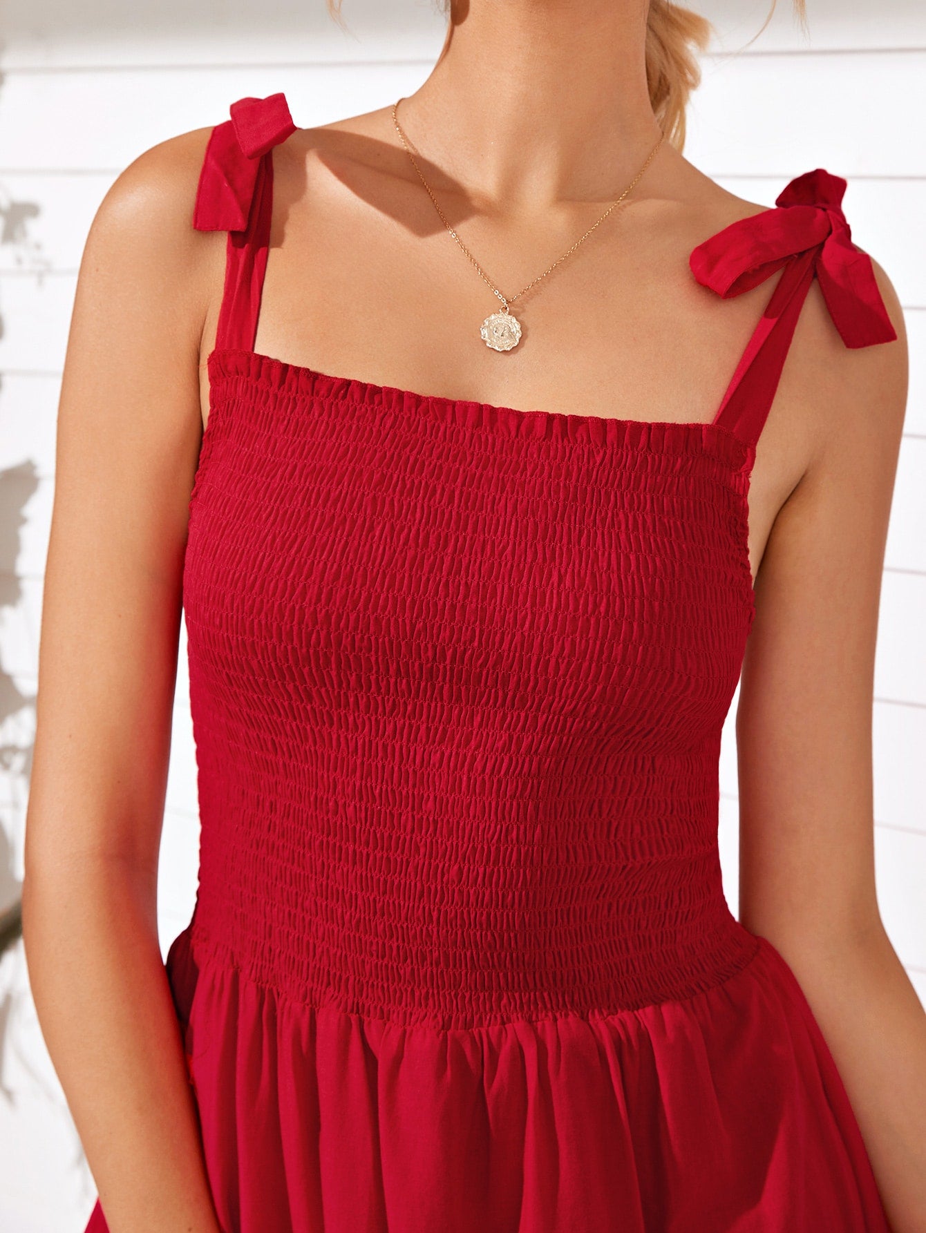 Knot Shoulder Eyelet Embroidery Shirred Cami Dress