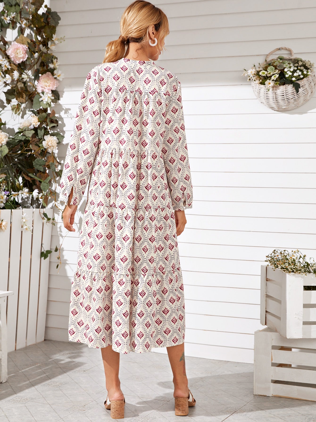 Notch Neck Allover Plants Smock Dress