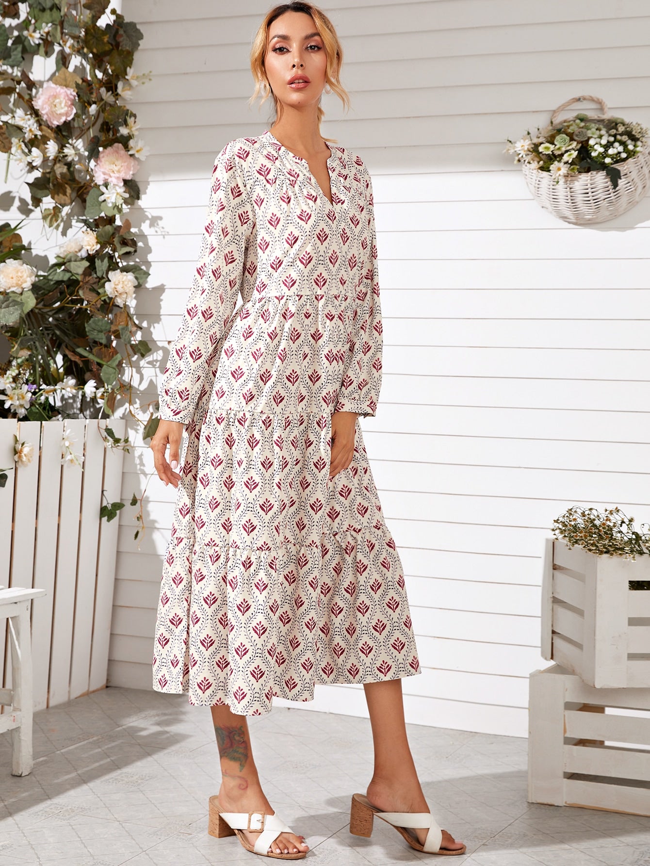 Notch Neck Allover Plants Smock Dress