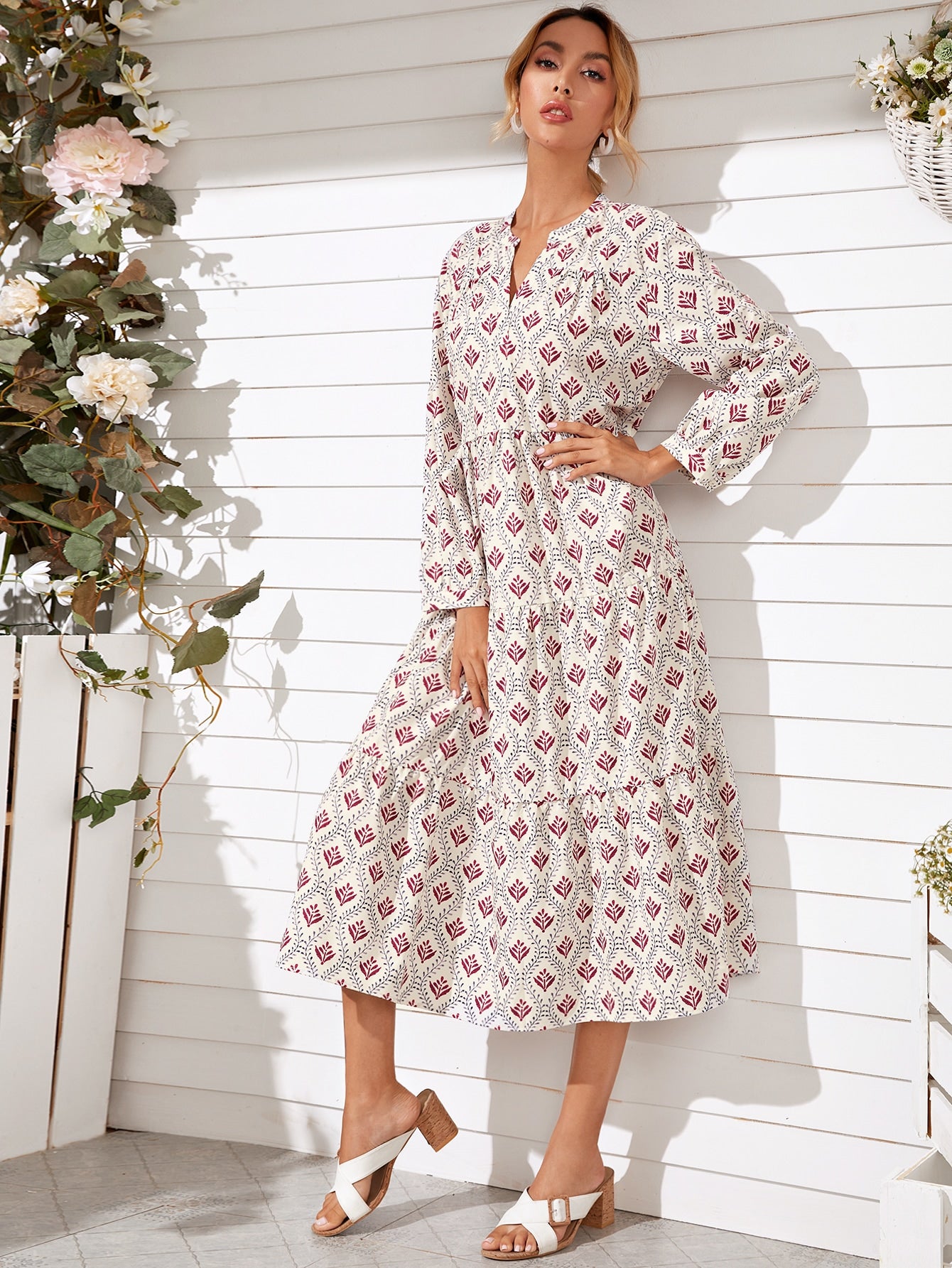Notch Neck Allover Plants Smock Dress