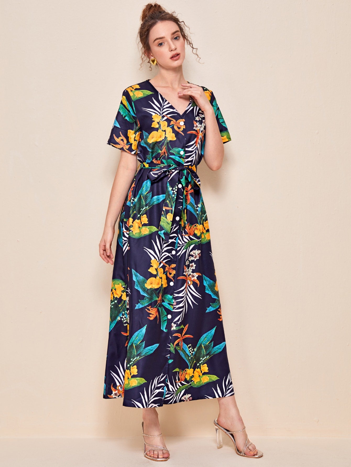 Floral And Tropical Print Belted Dress
