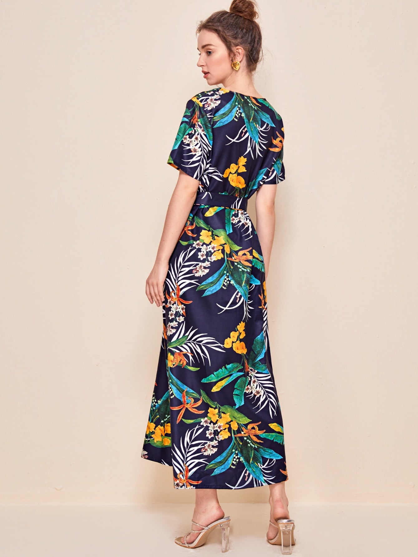 Floral And Tropical Print Belted Dress