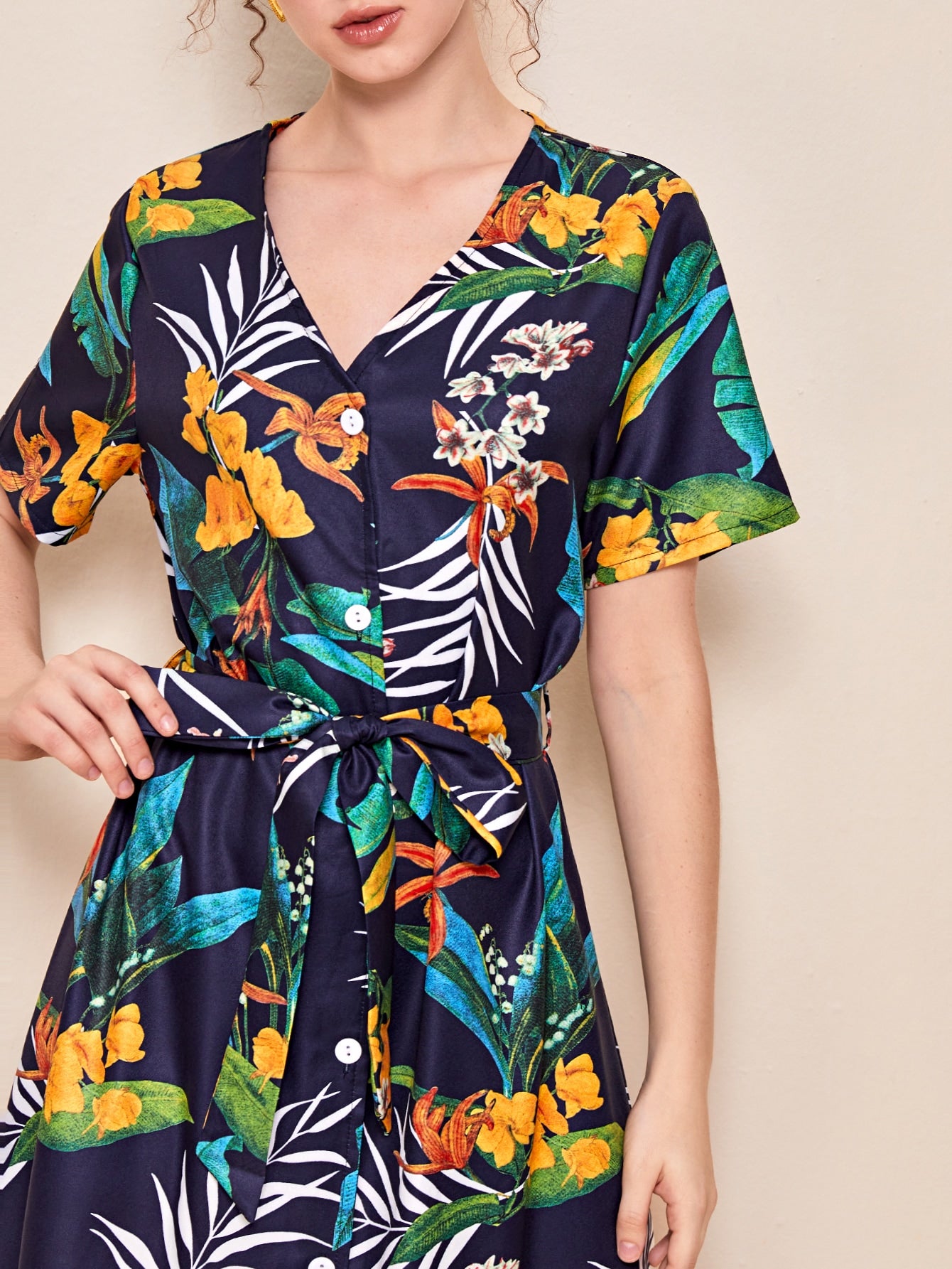 Floral And Tropical Print Belted Dress