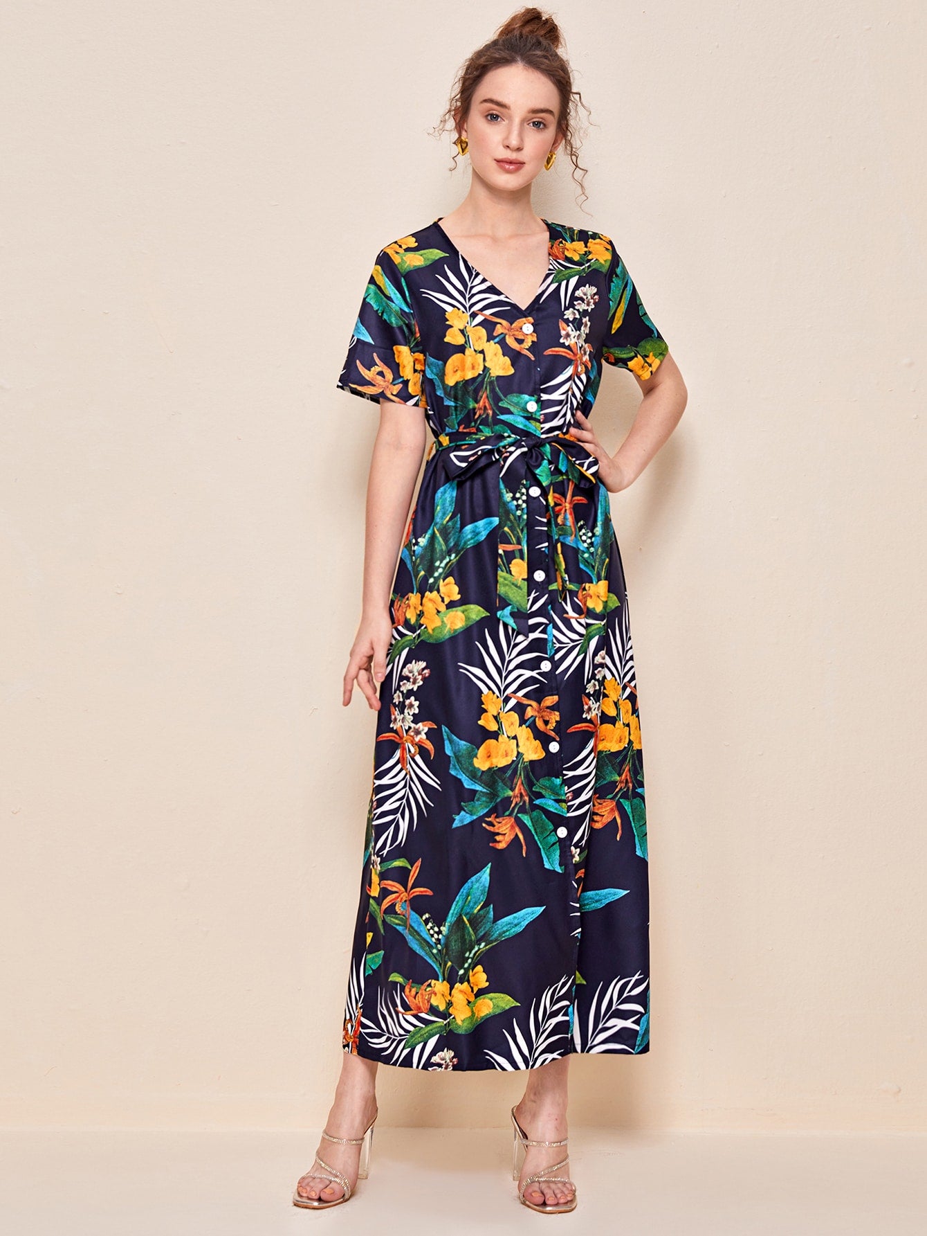 Floral And Tropical Print Belted Dress