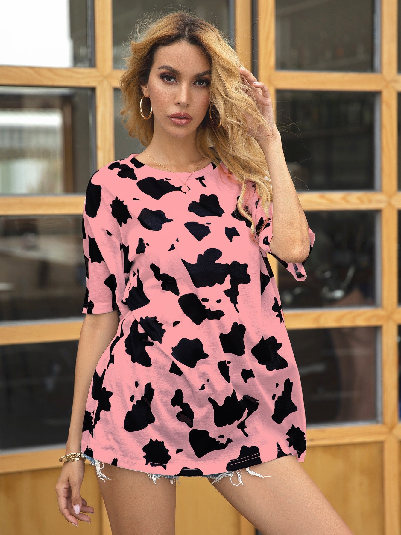 Cow Print Drop Shoulder Tee