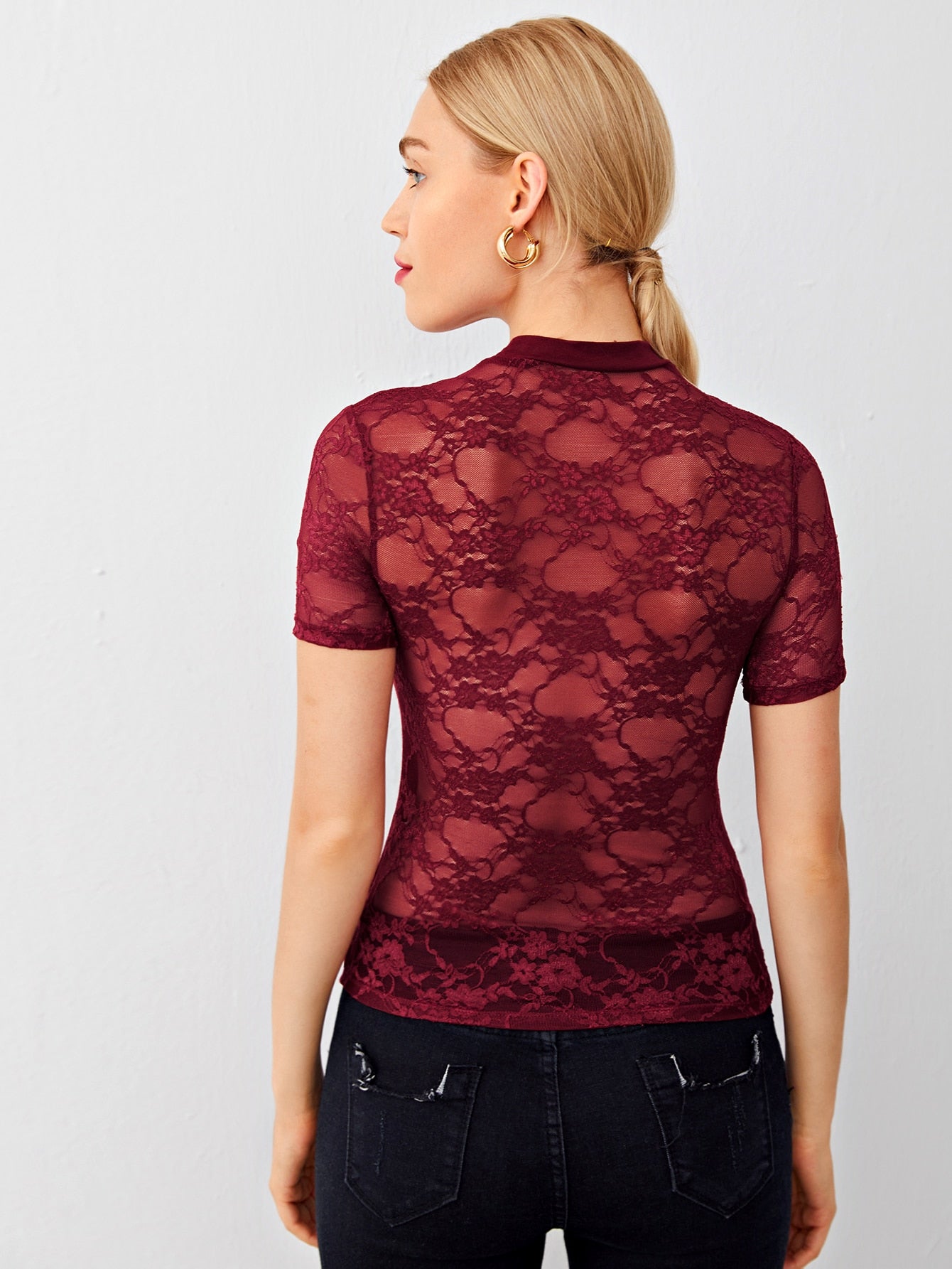 Mock-neck Sheer Lace Yoke and Back Top