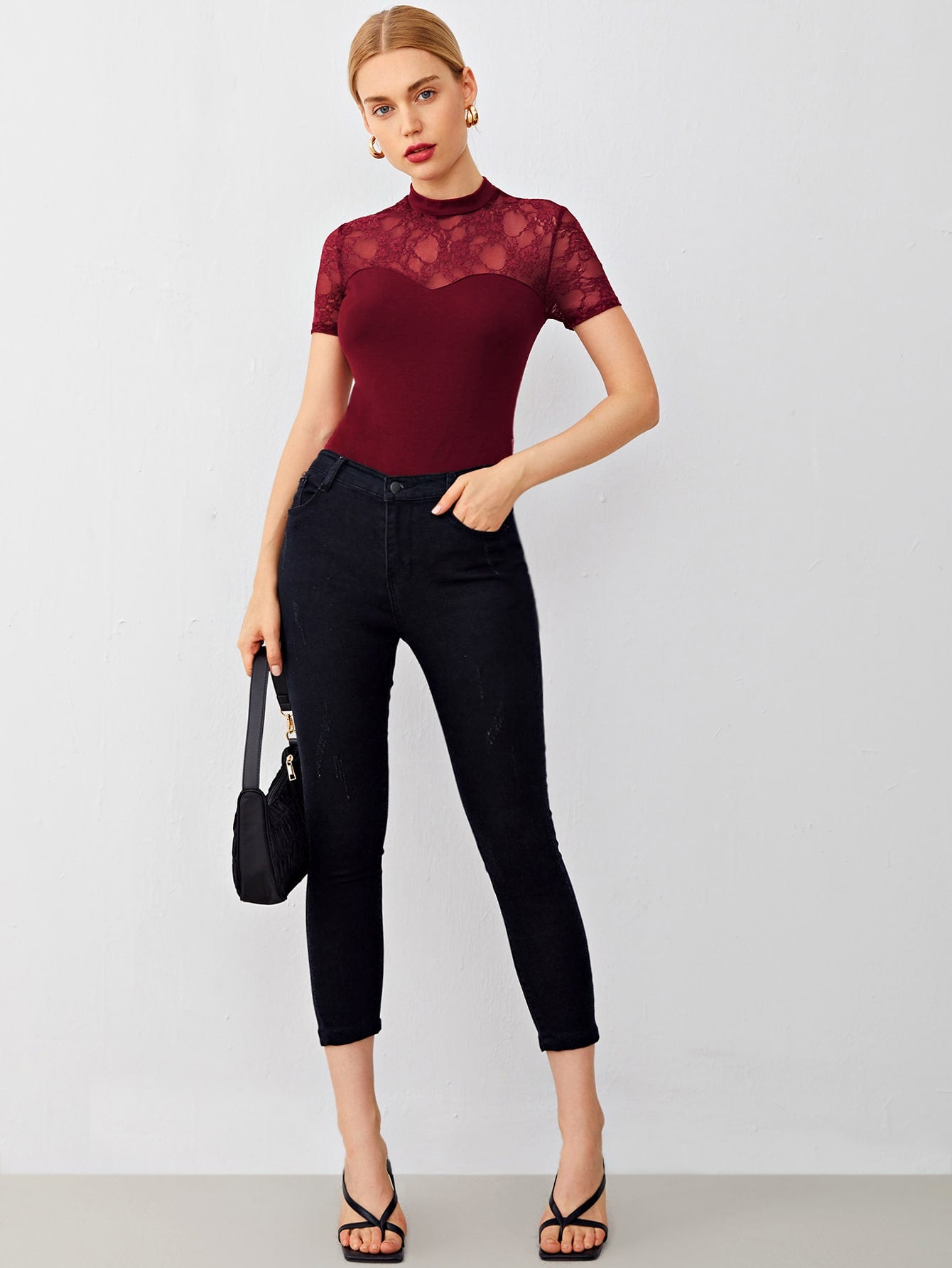 Mock-neck Sheer Lace Yoke and Back Top