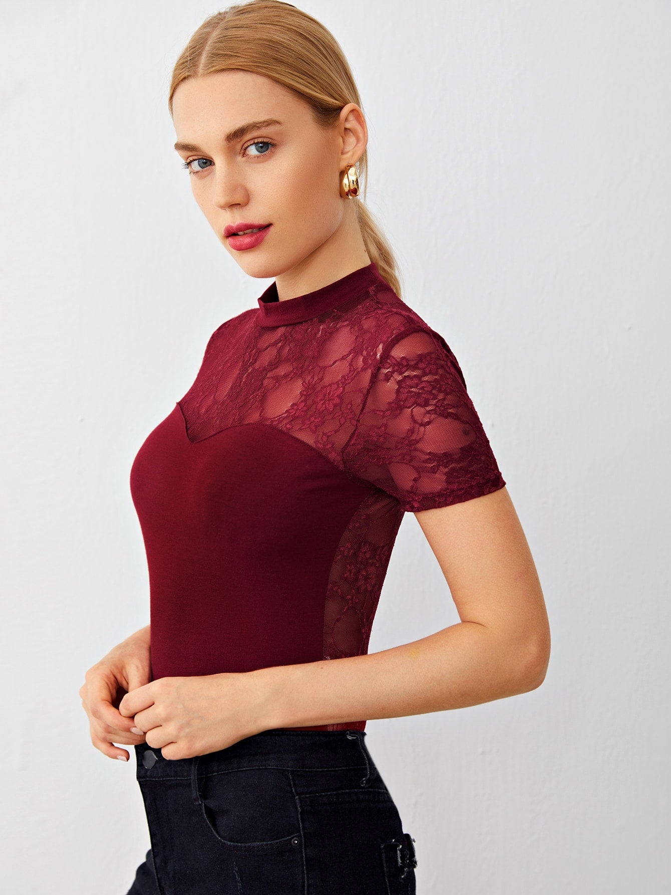 Mock-neck Sheer Lace Yoke and Back Top