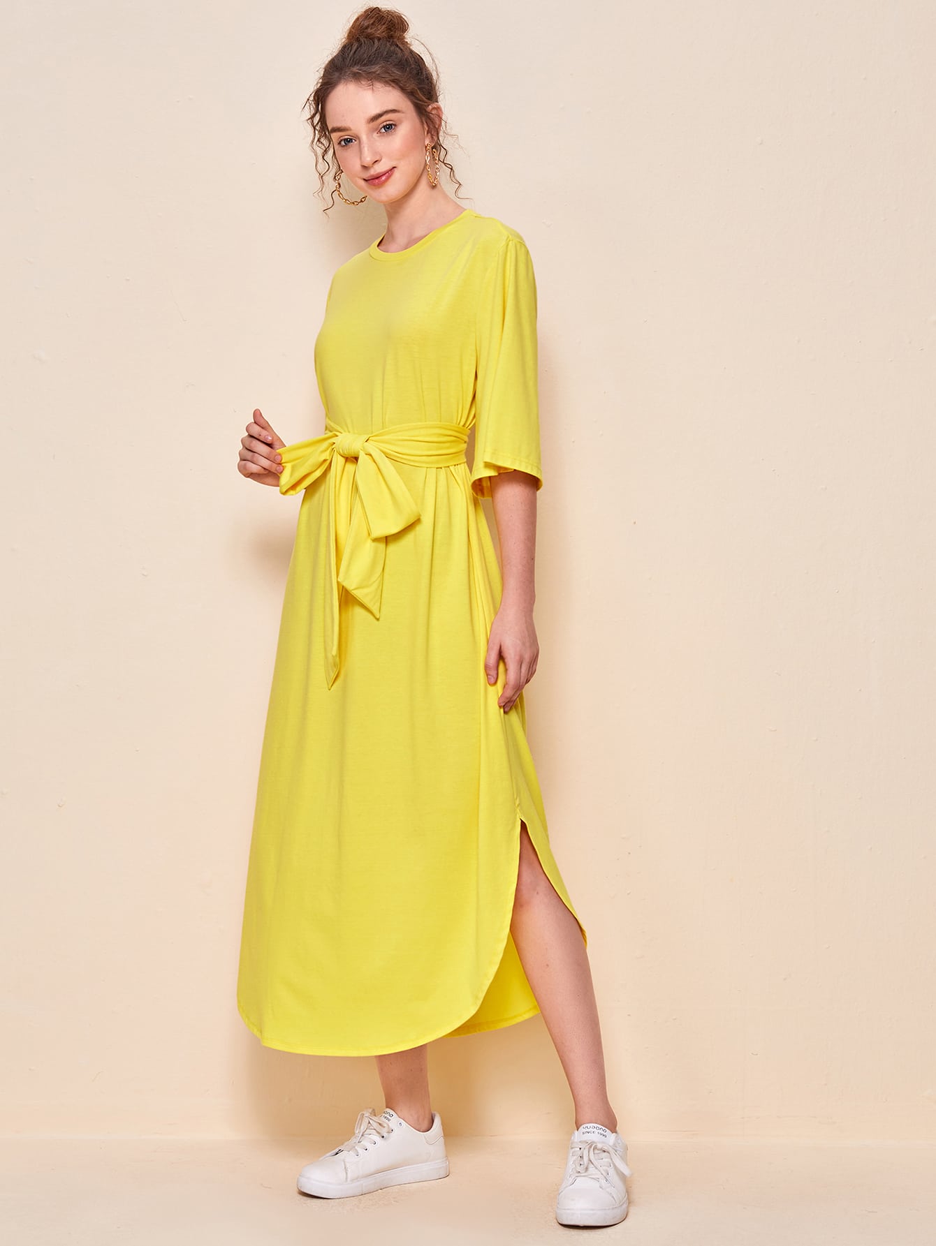Self Belted Curved Hem Dress