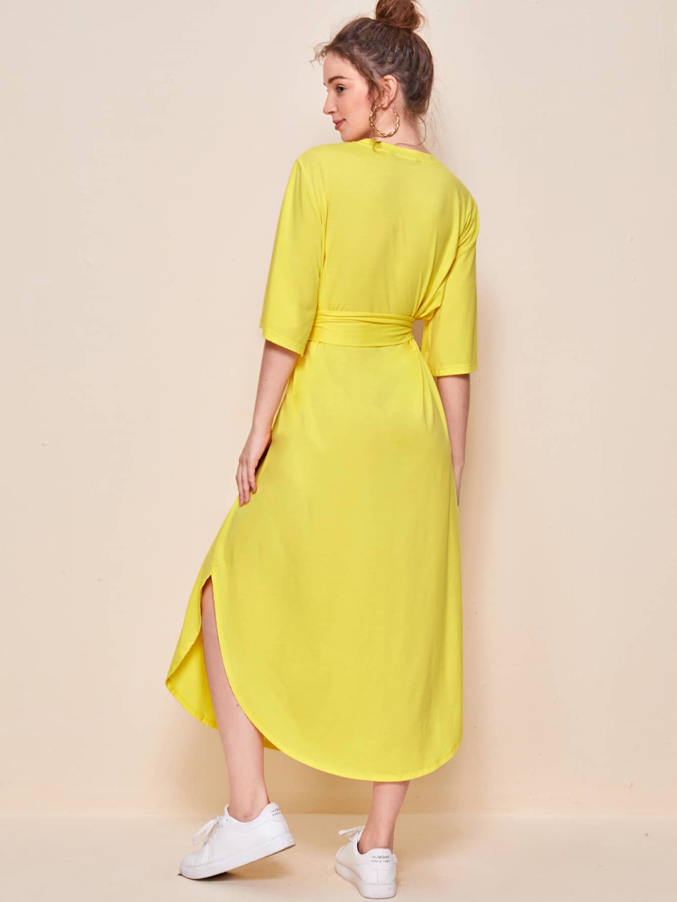 Self Belted Curved Hem Dress