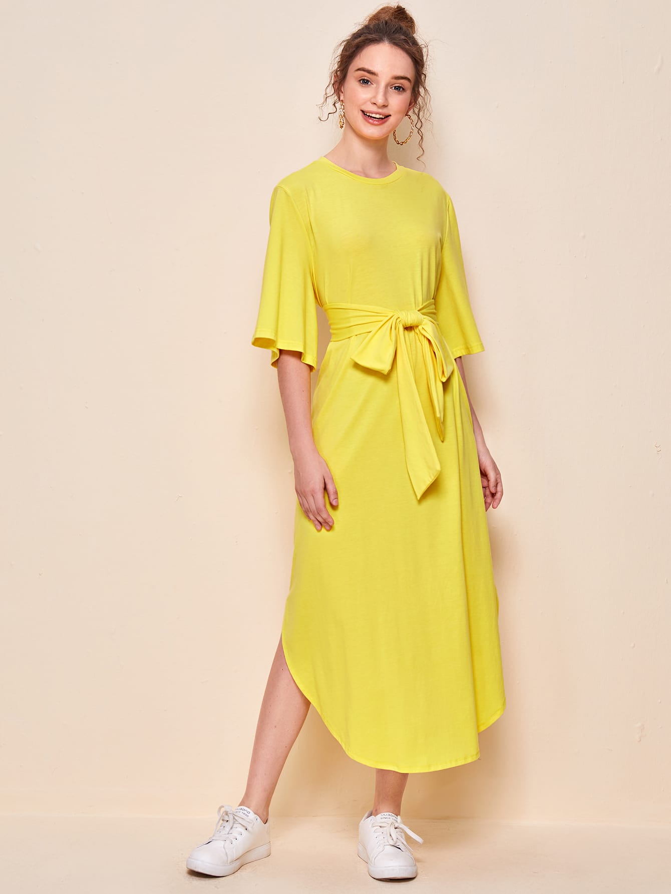 Self Belted Curved Hem Dress