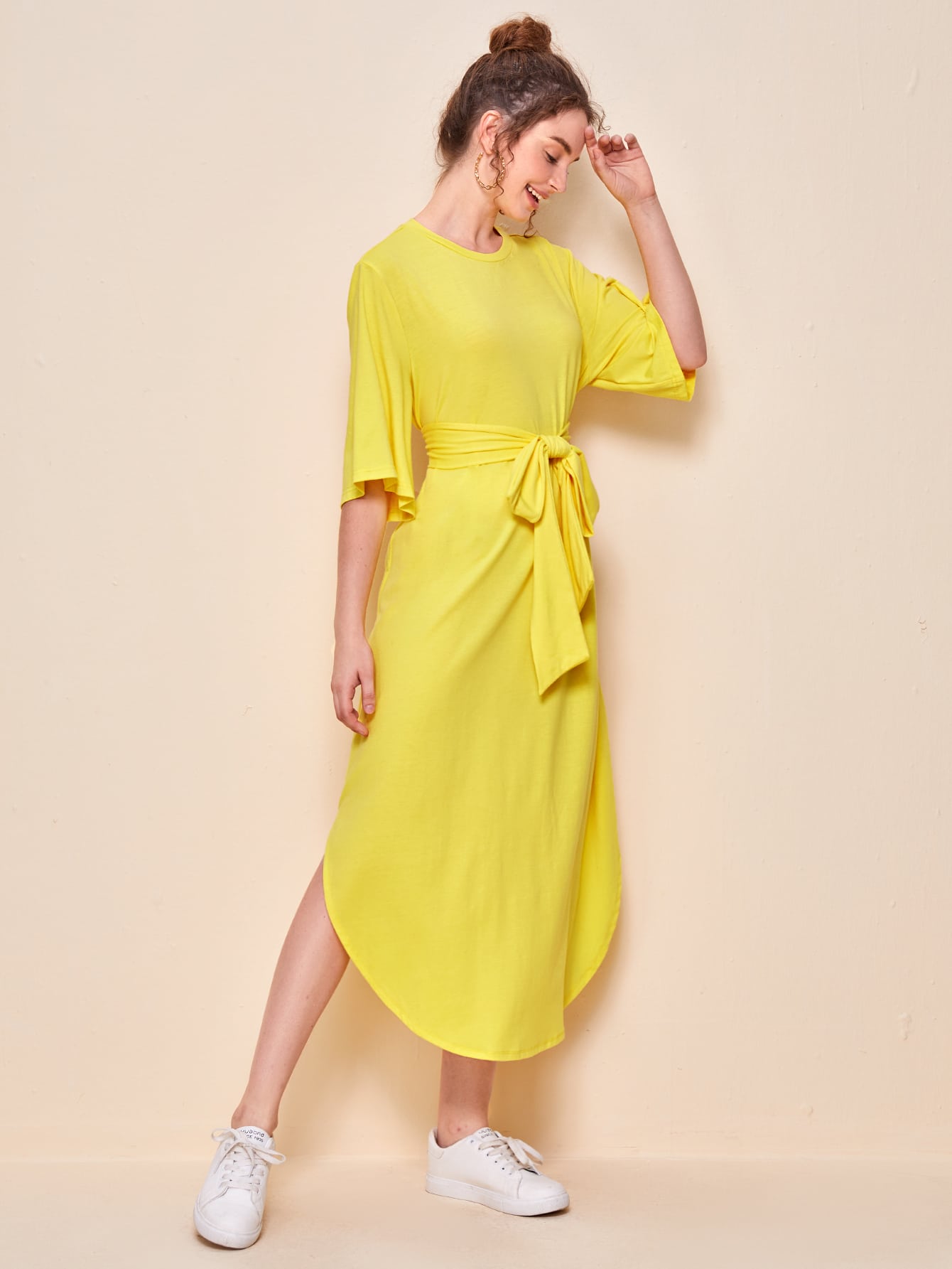 Self Belted Curved Hem Dress