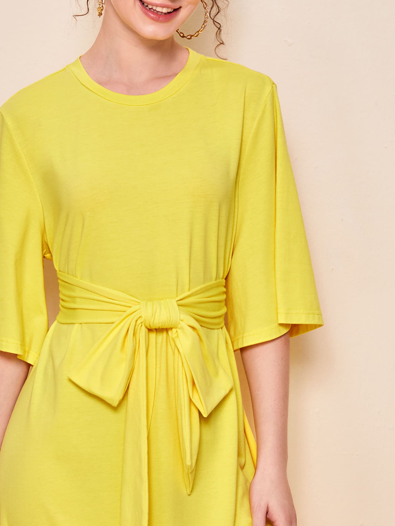 Self Belted Curved Hem Dress