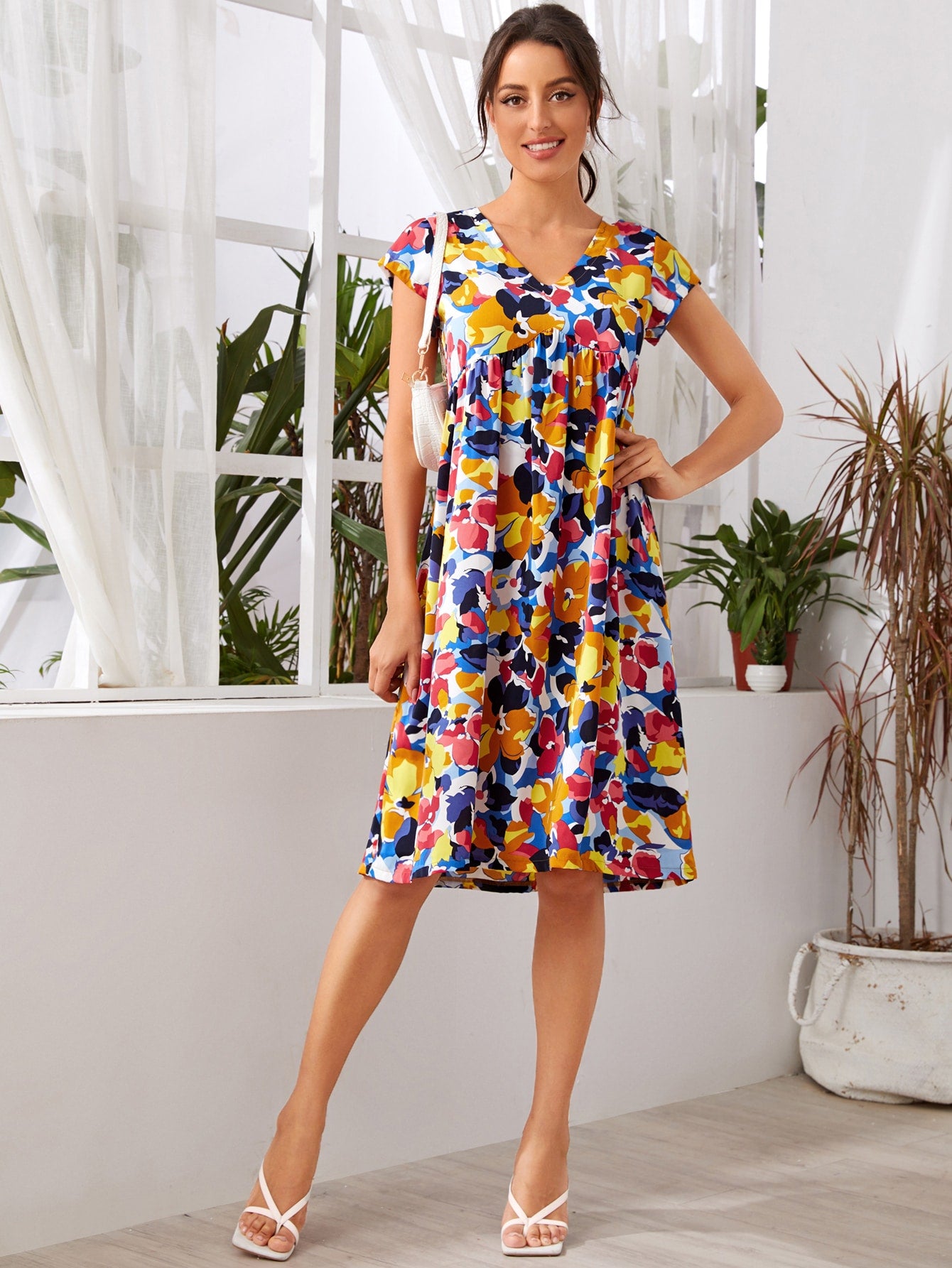 All Over Print Midi Smock Dress