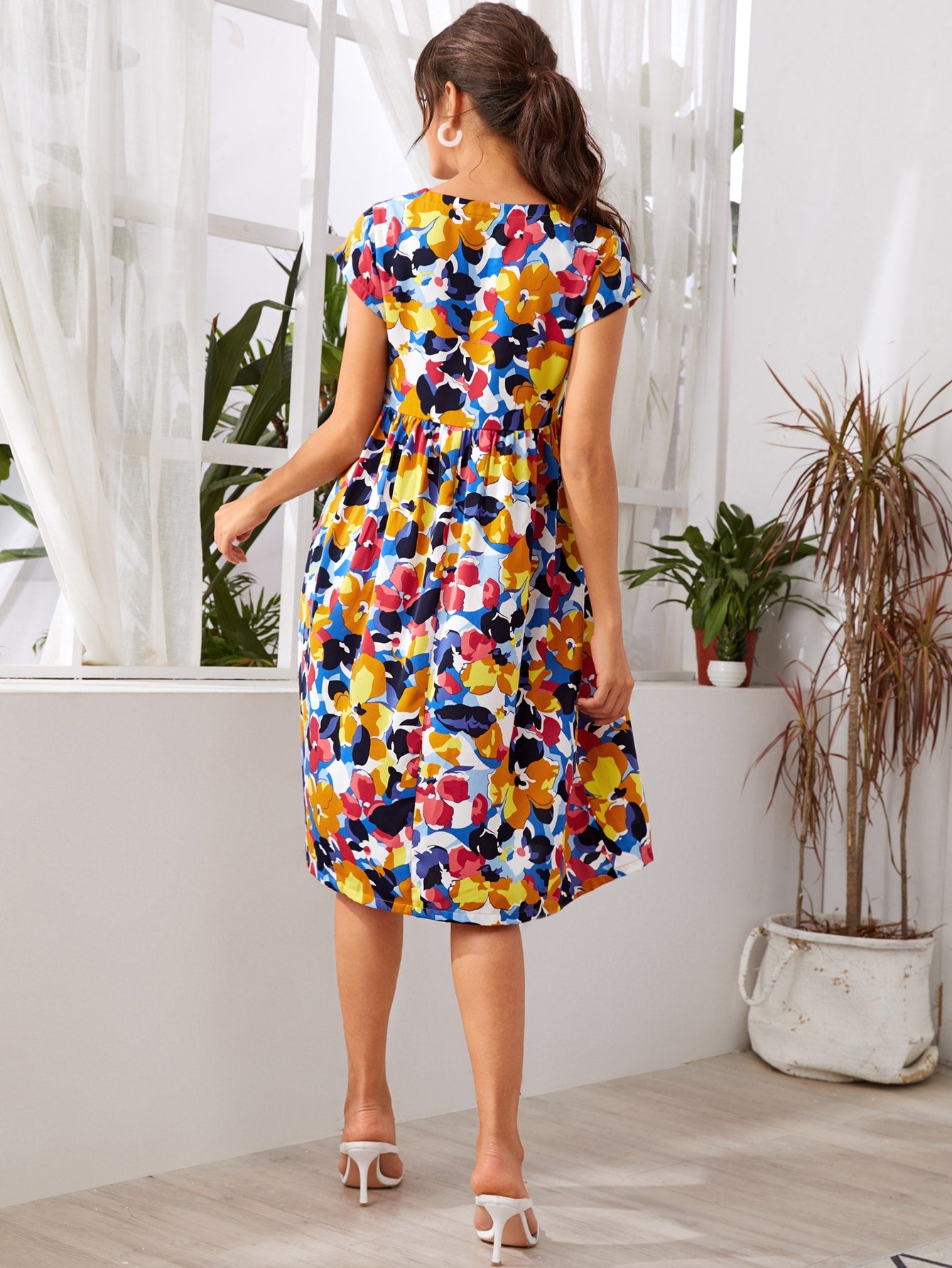 All Over Print Midi Smock Dress