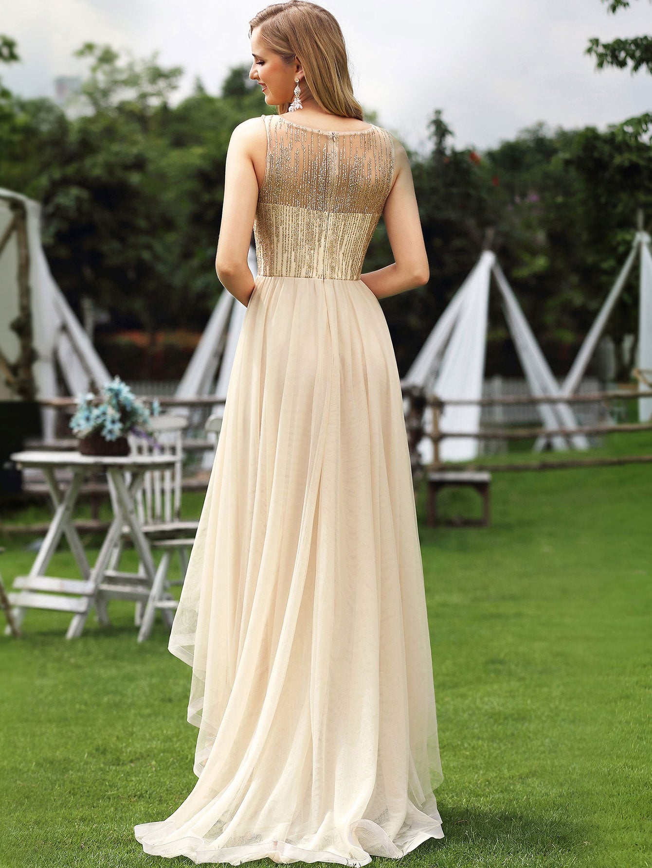High Low Hem Glitter Bodice Mesh Prom Dress