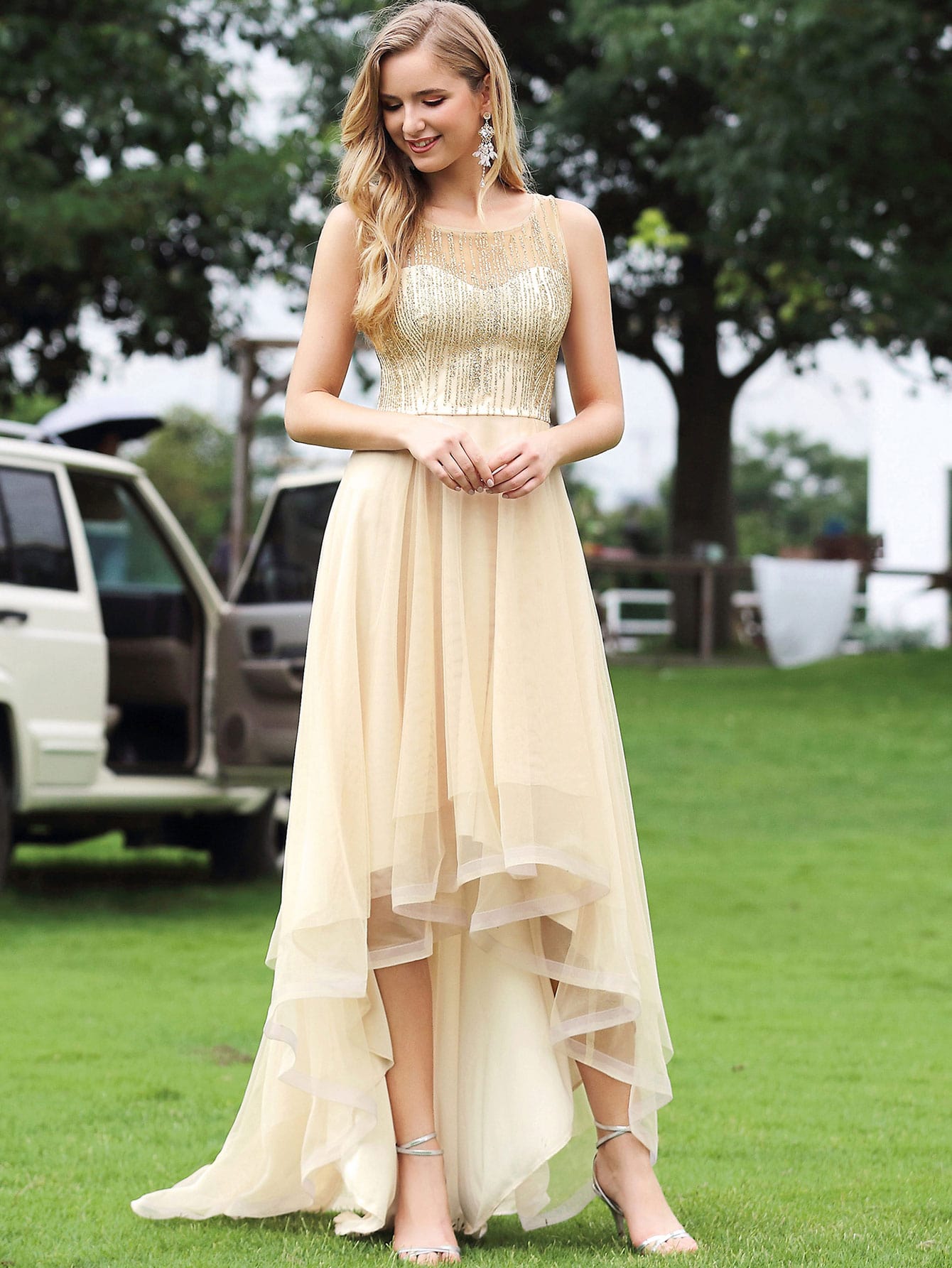 High Low Hem Glitter Bodice Mesh Prom Dress