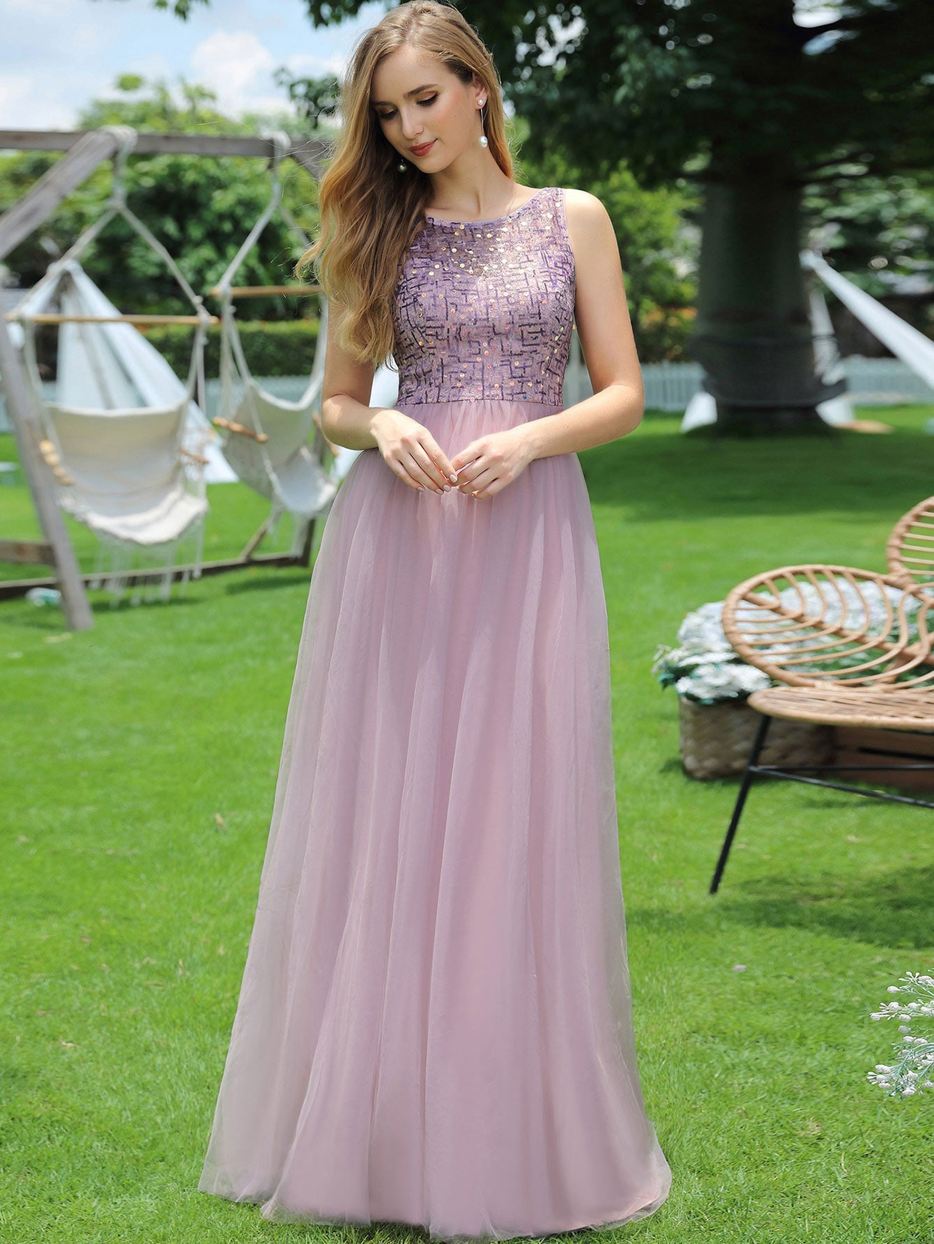 Sequin Bodice Mesh Prom Dress