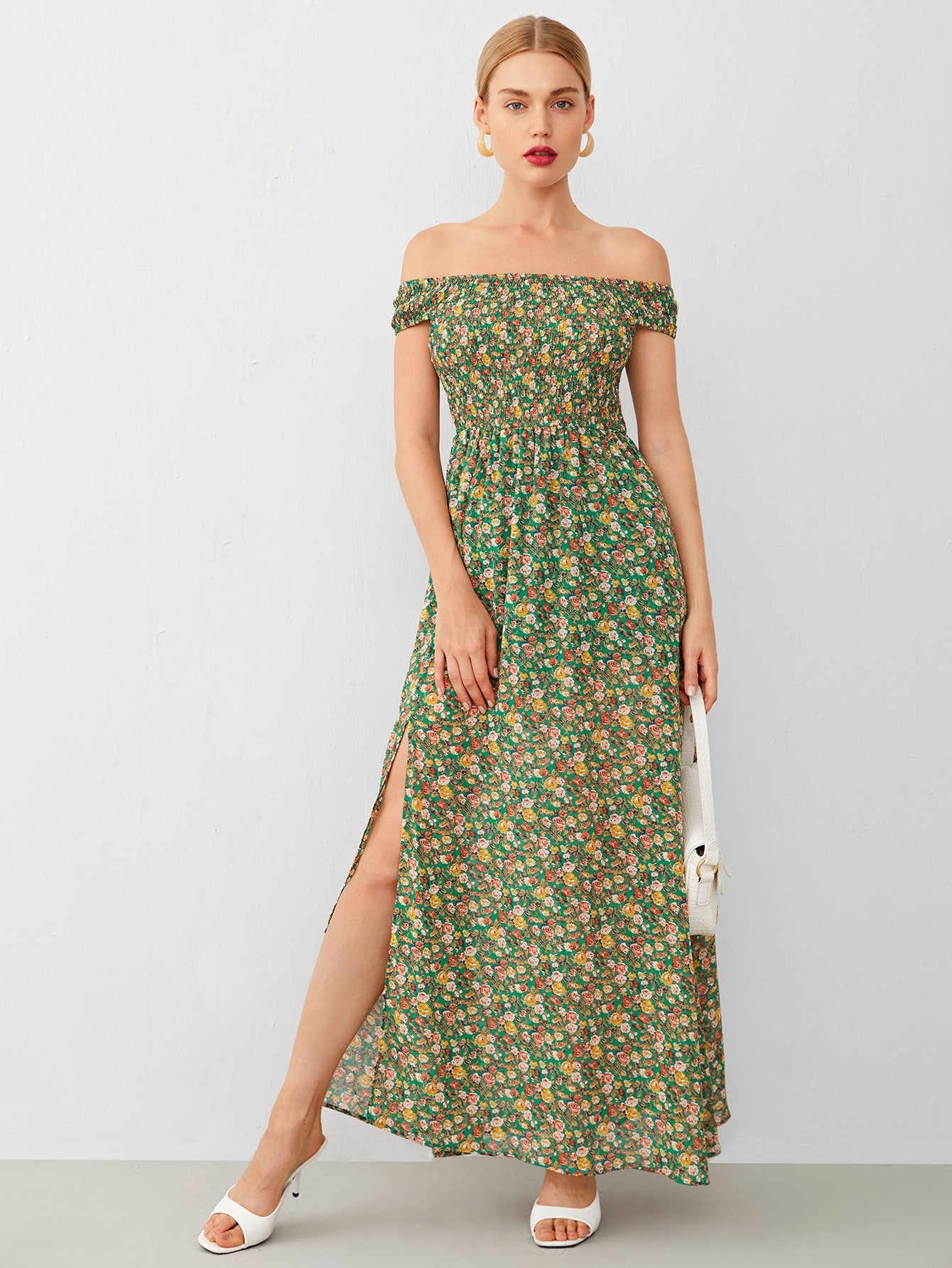 Shirred Bodice High Split Hem Ditsy Floral Bardot Dress