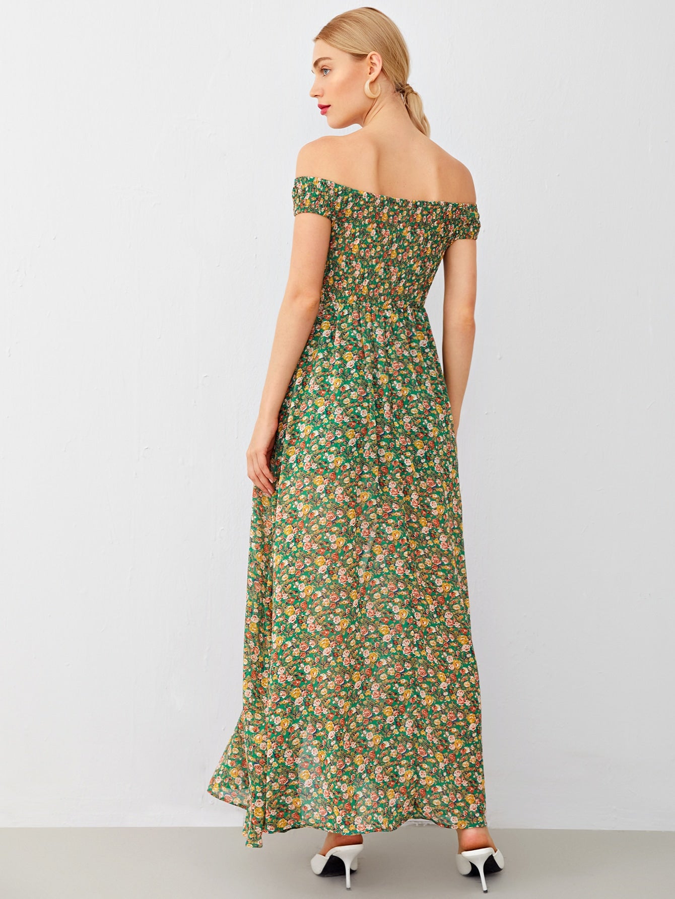 Shirred Bodice High Split Hem Ditsy Floral Bardot Dress