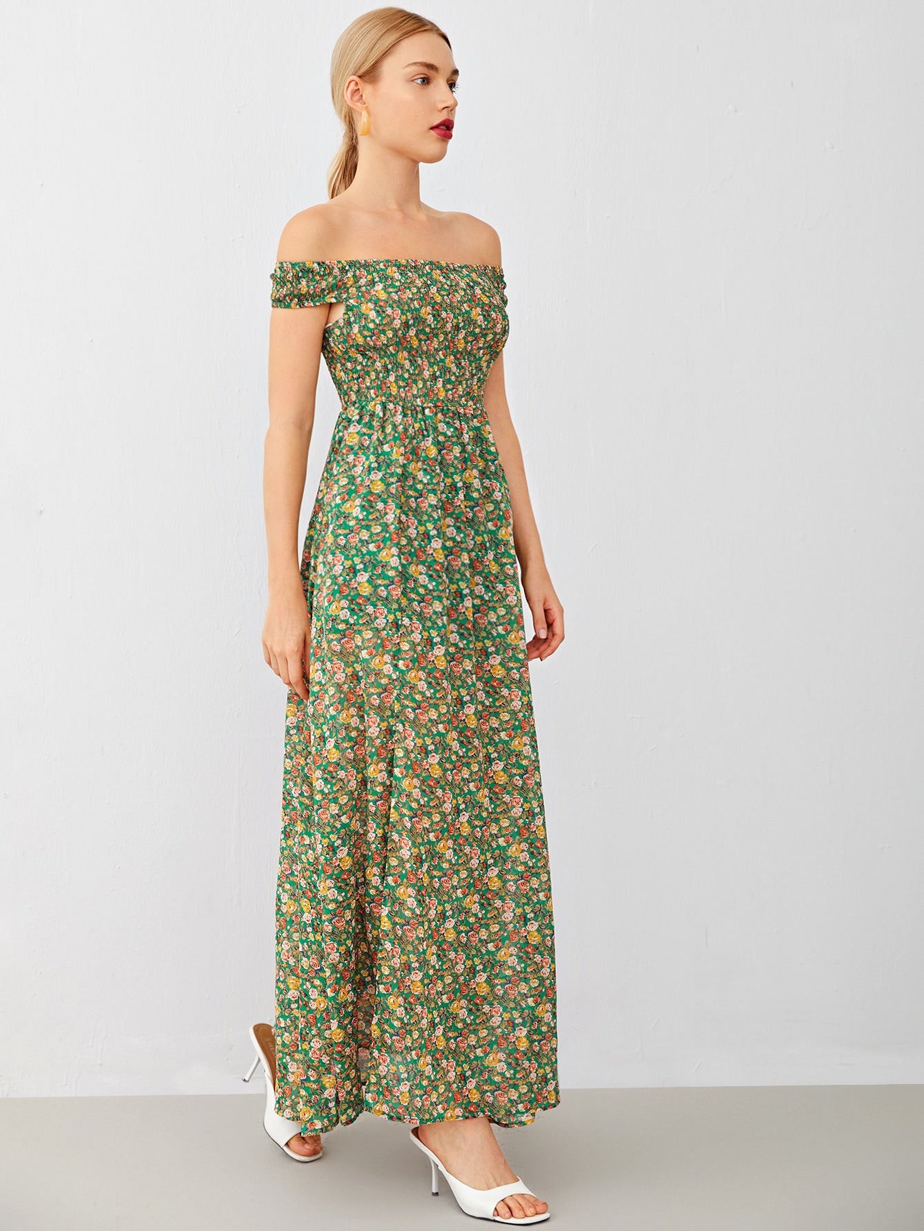 Shirred Bodice High Split Hem Ditsy Floral Bardot Dress