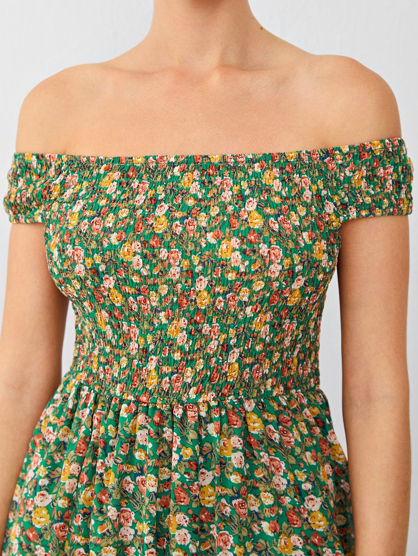 Shirred Bodice High Split Hem Ditsy Floral Bardot Dress