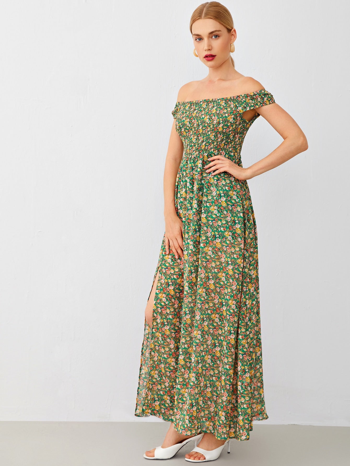 Shirred Bodice High Split Hem Ditsy Floral Bardot Dress