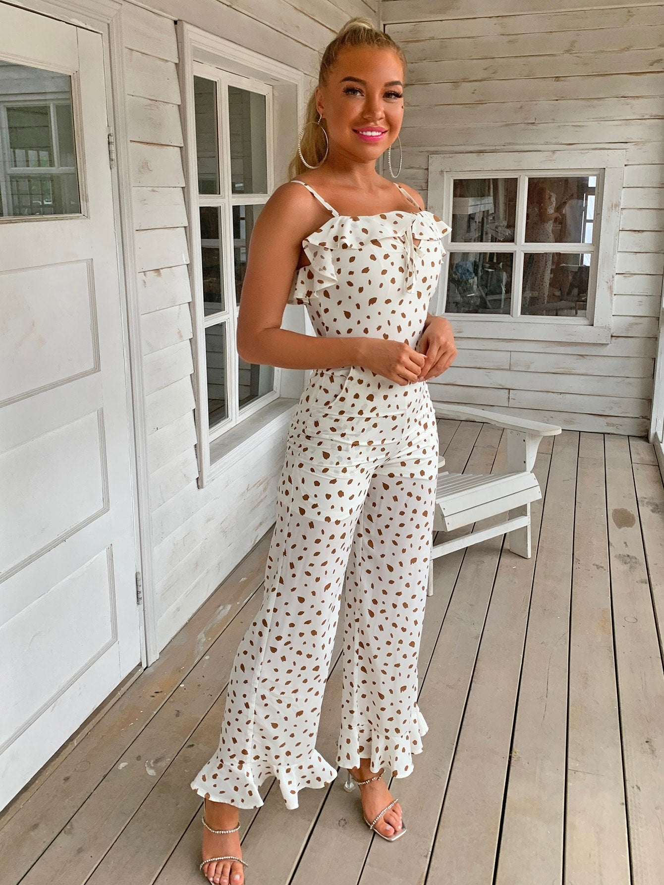 Tie Front Ruffle Trim Zip Back Allover Print Cami Jumpsuit