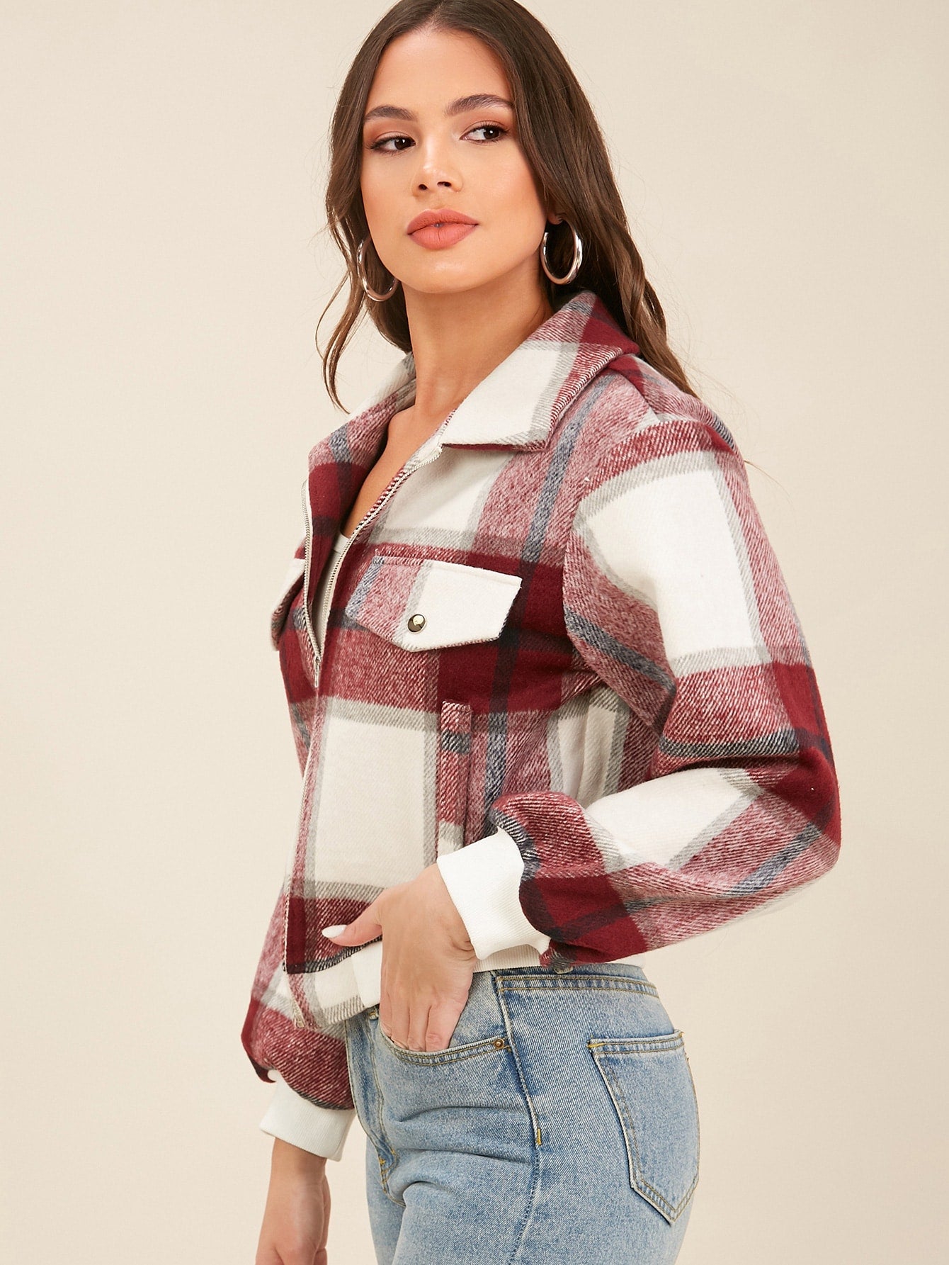 Zipper Fly Flap Detail Plaid Jacket