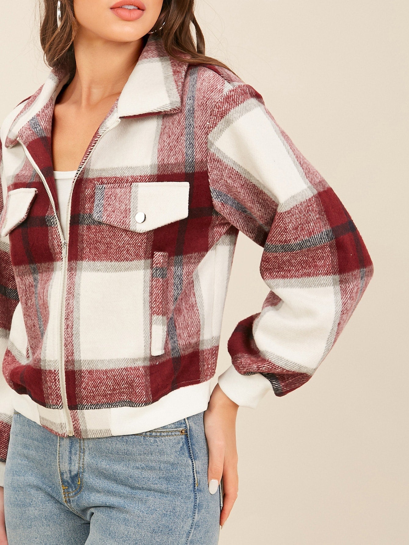 Zipper Fly Flap Detail Plaid Jacket