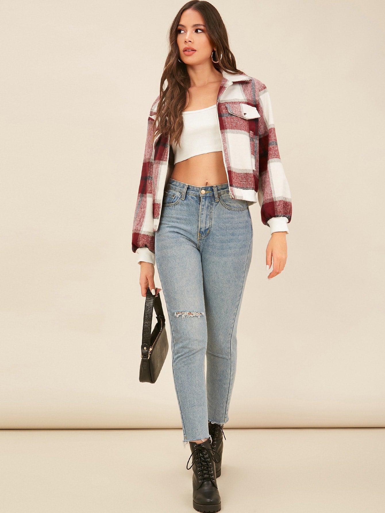 Zipper Fly Flap Detail Plaid Jacket