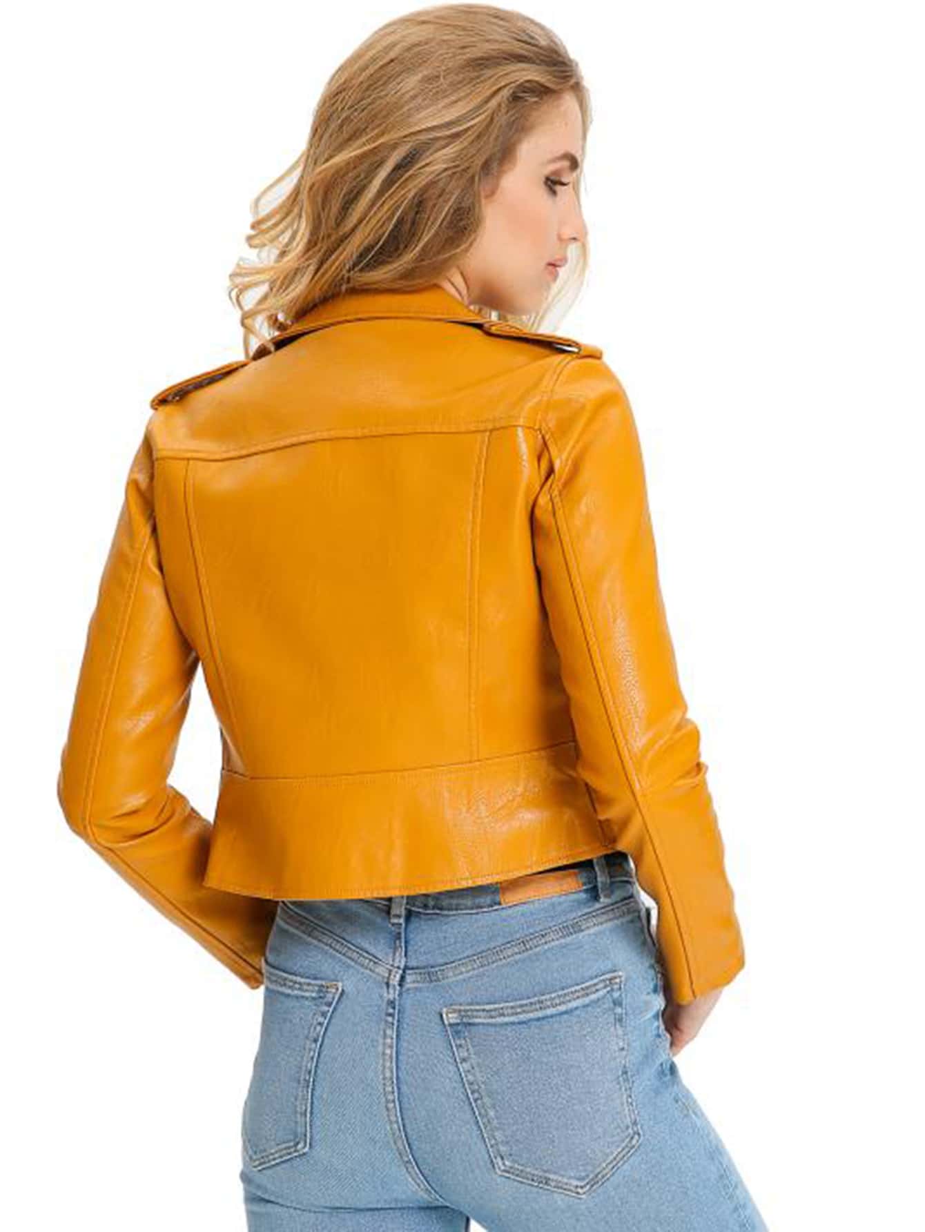 Zip Detail Lapel Neck PU Moto Jacket