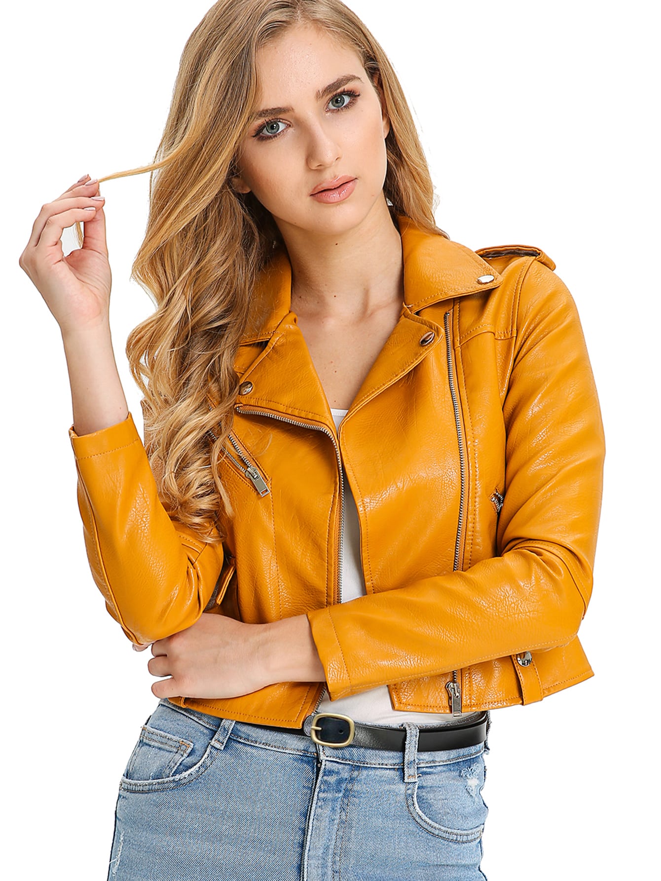 Zip Detail Lapel Neck PU Moto Jacket