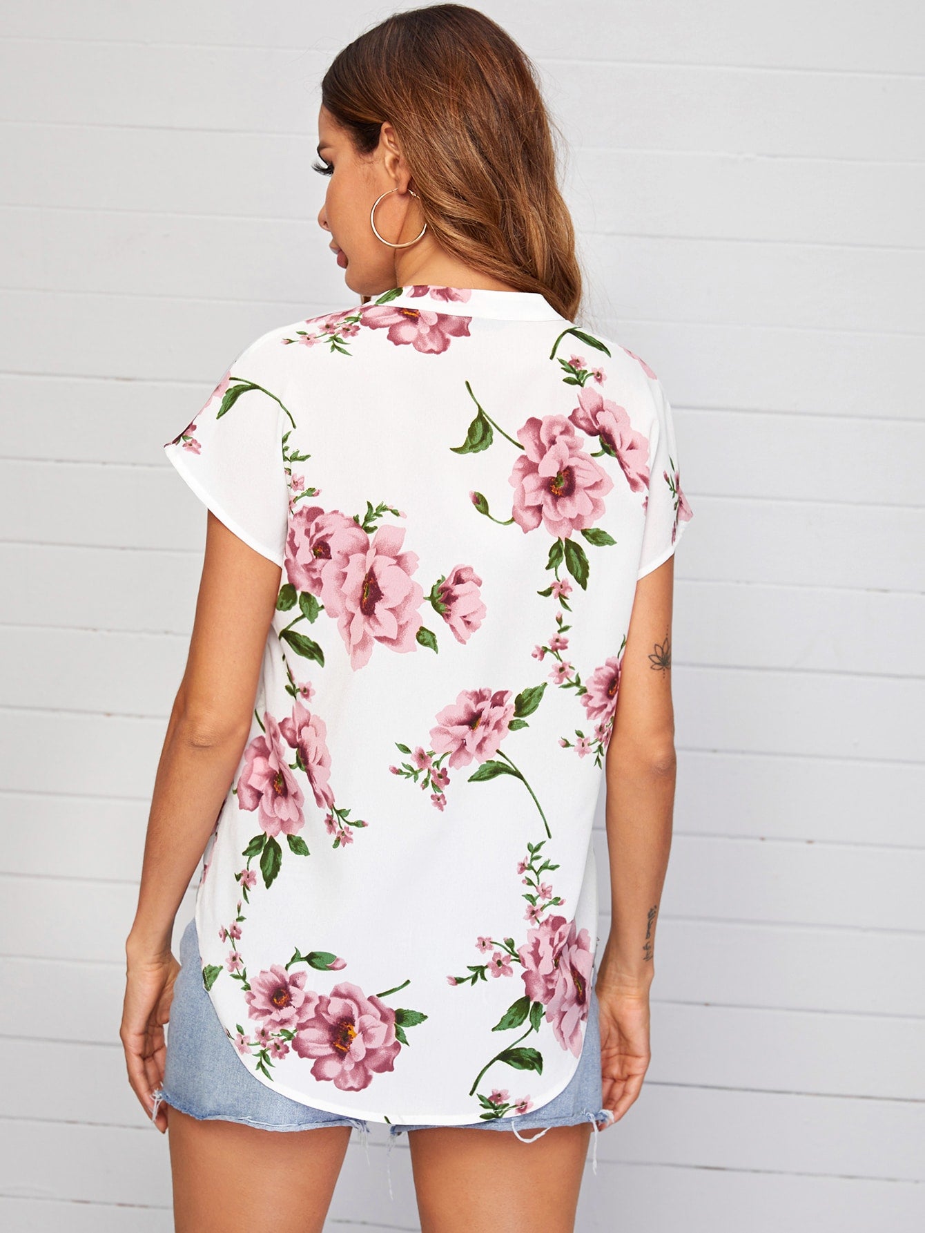 Notch Neck Batwing Sleeve Dip Hem Top