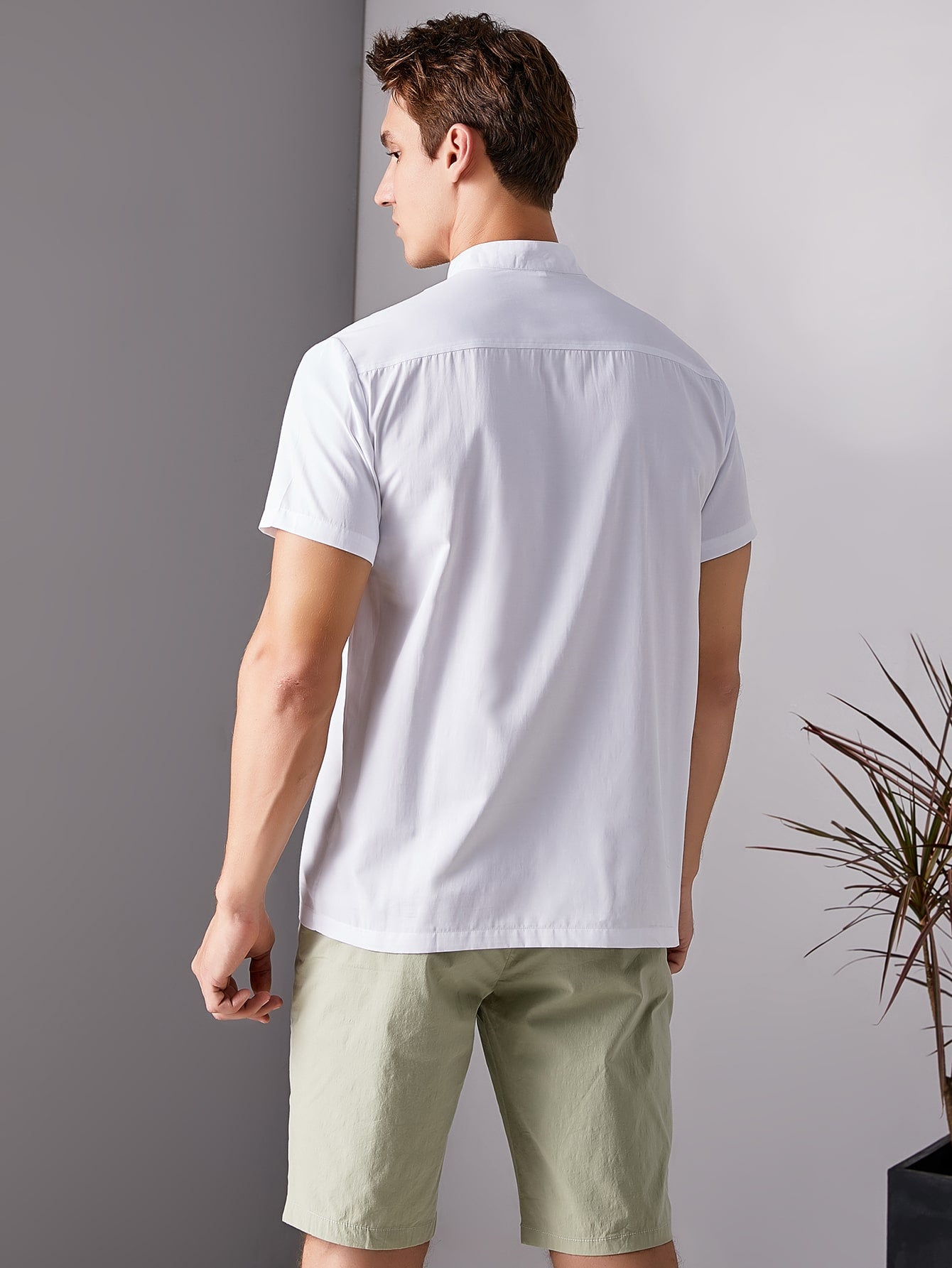 Men Stand Collar Contrast Tape Half Placket Shirt