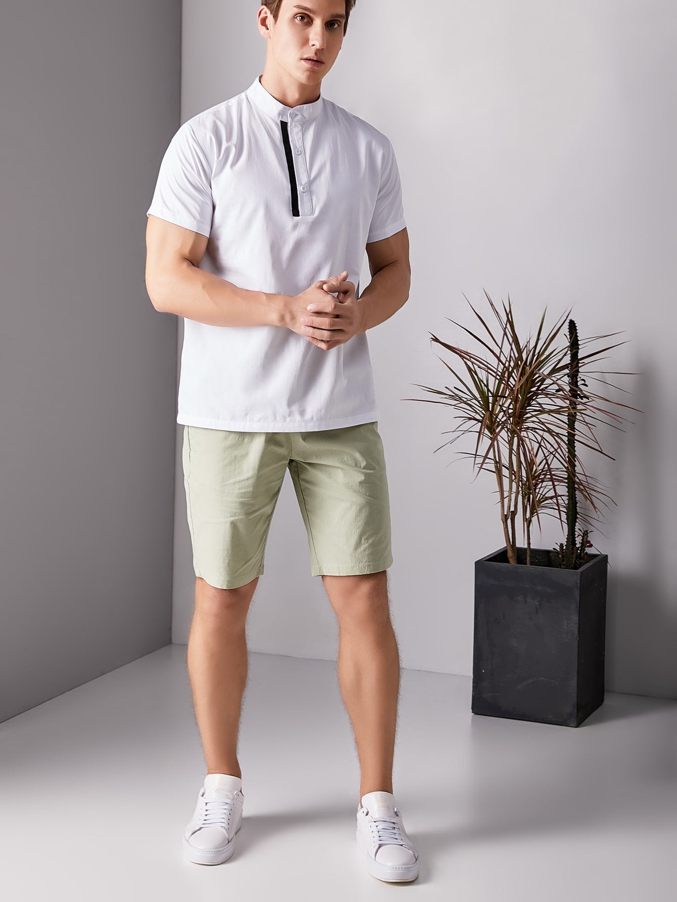Men Stand Collar Contrast Tape Half Placket Shirt
