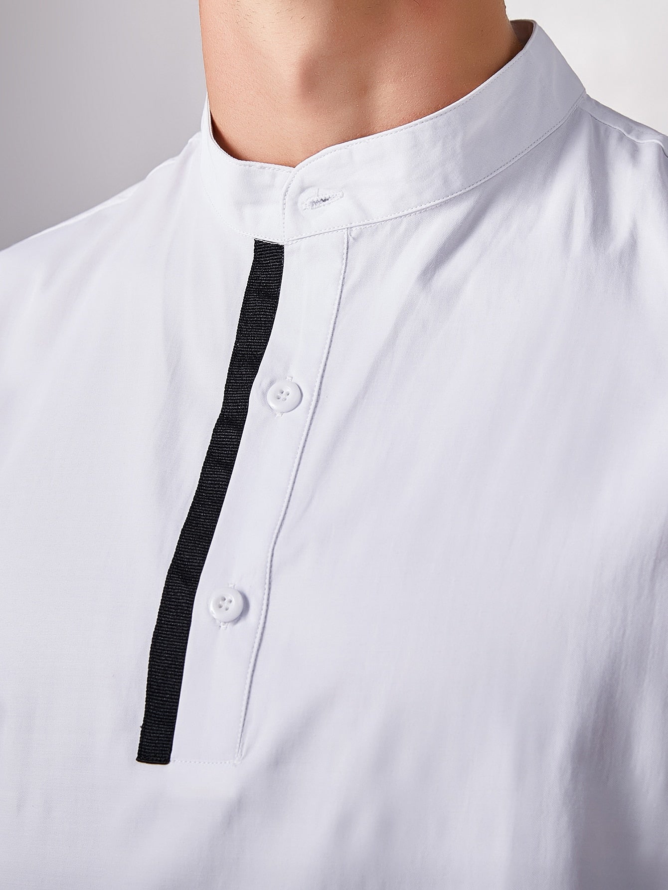 Men Stand Collar Contrast Tape Half Placket Shirt
