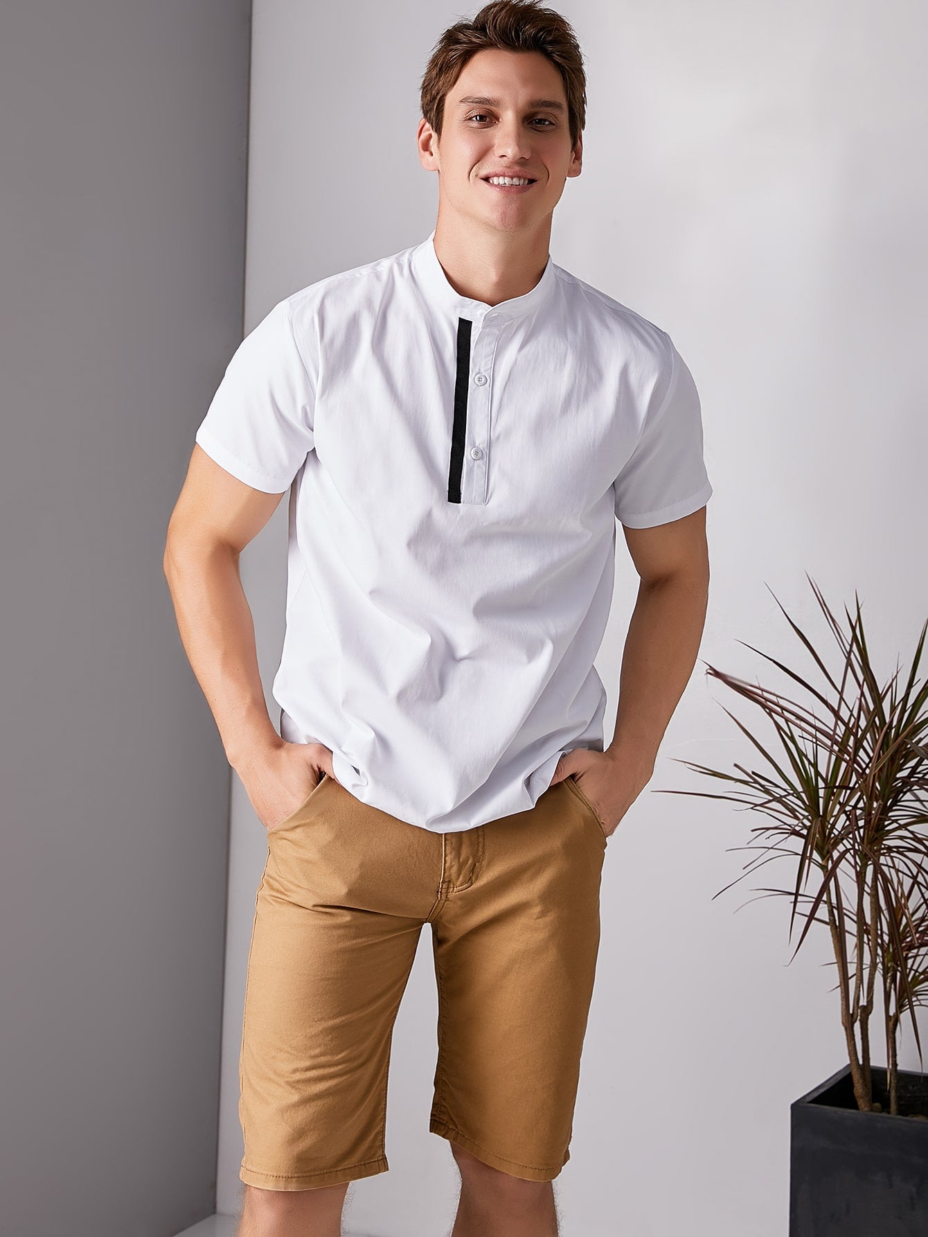 Men Stand Collar Contrast Tape Half Placket Shirt