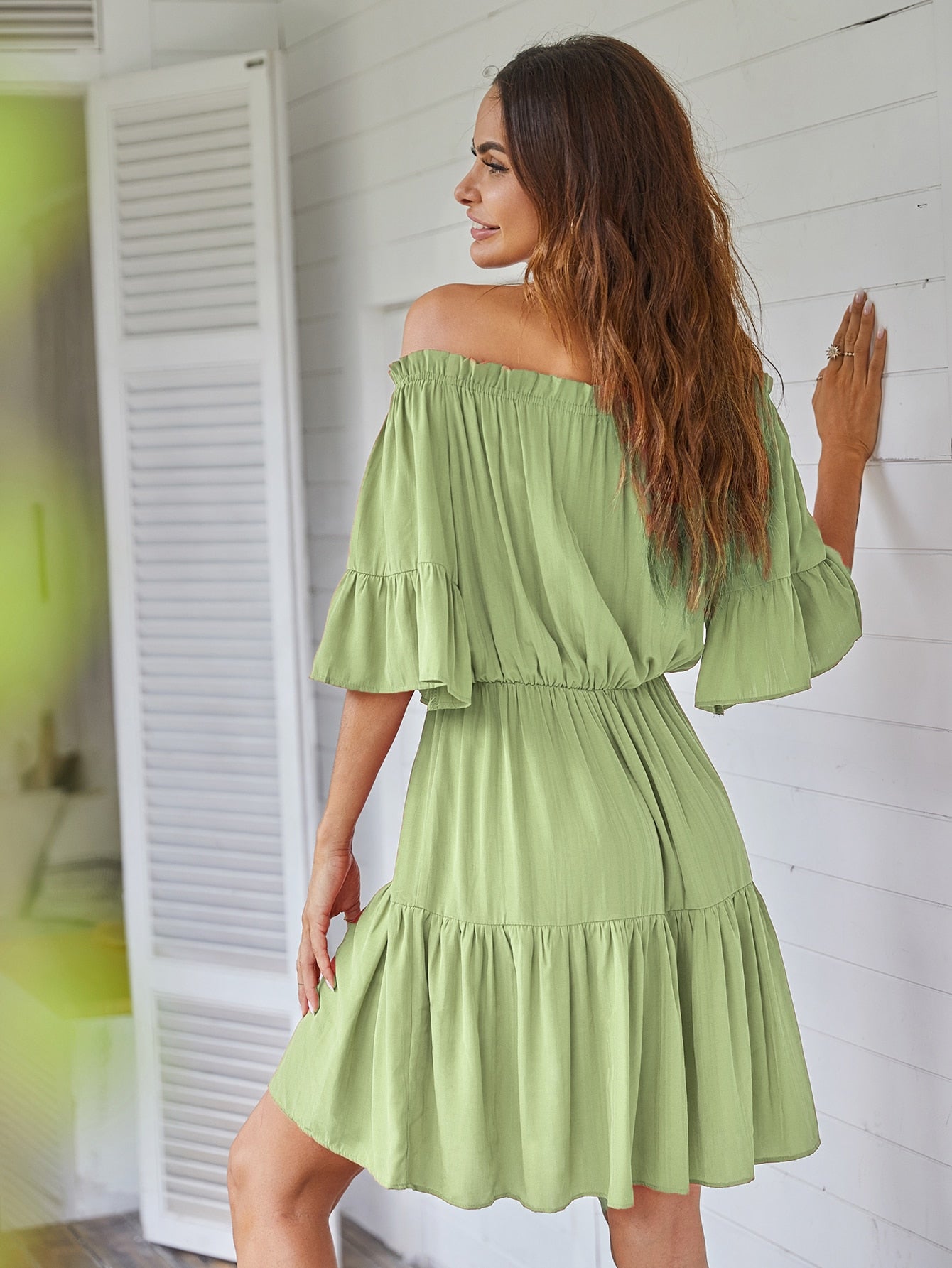 Frill Trim Ruffle Hem Bardot Dress