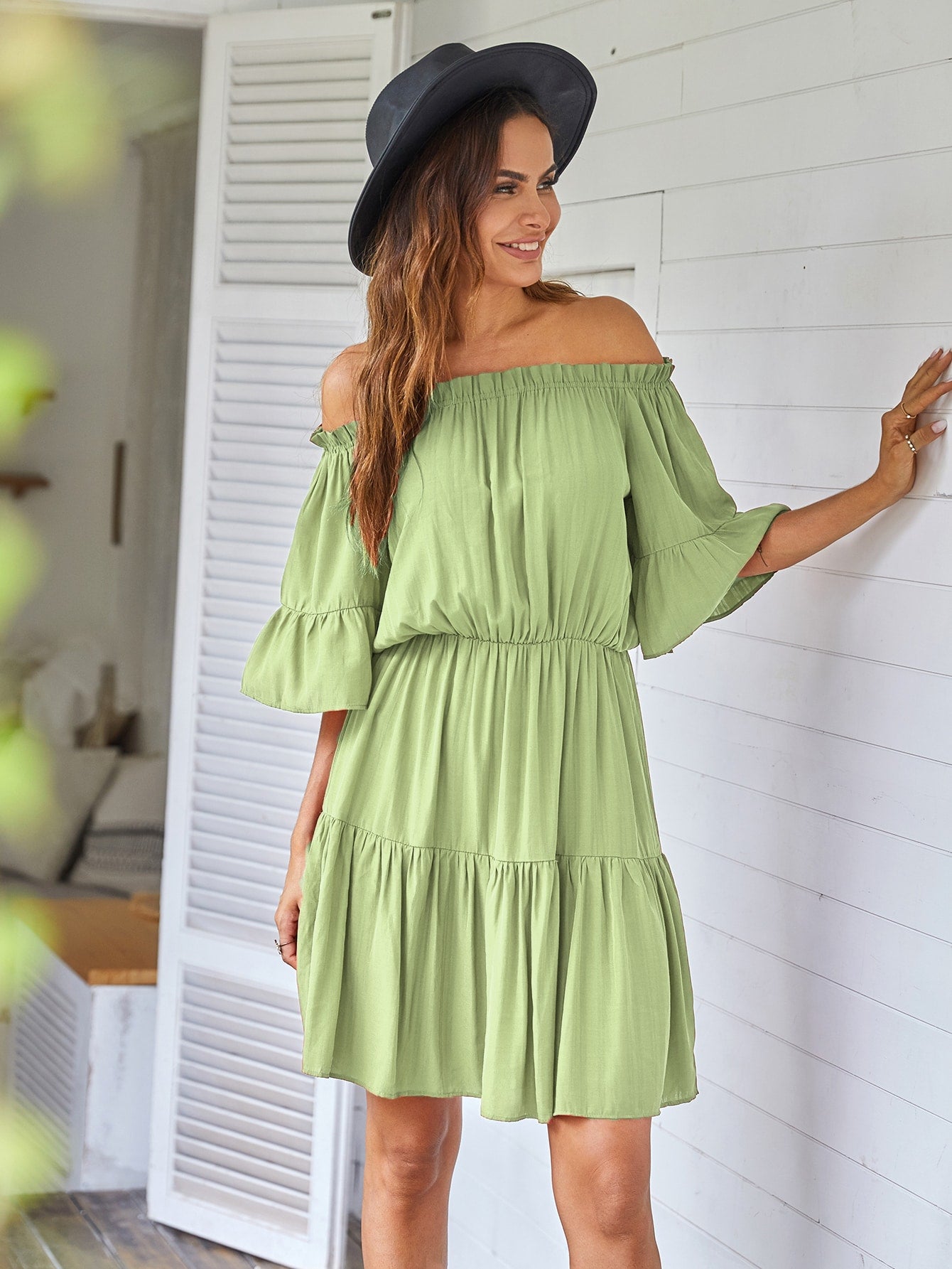 Frill Trim Ruffle Hem Bardot Dress