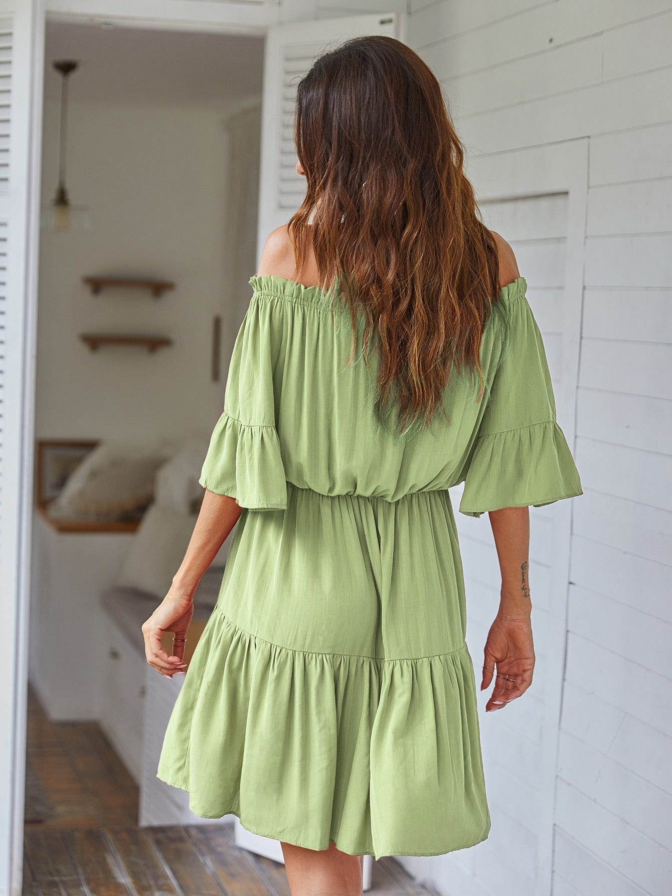 Frill Trim Ruffle Hem Bardot Dress