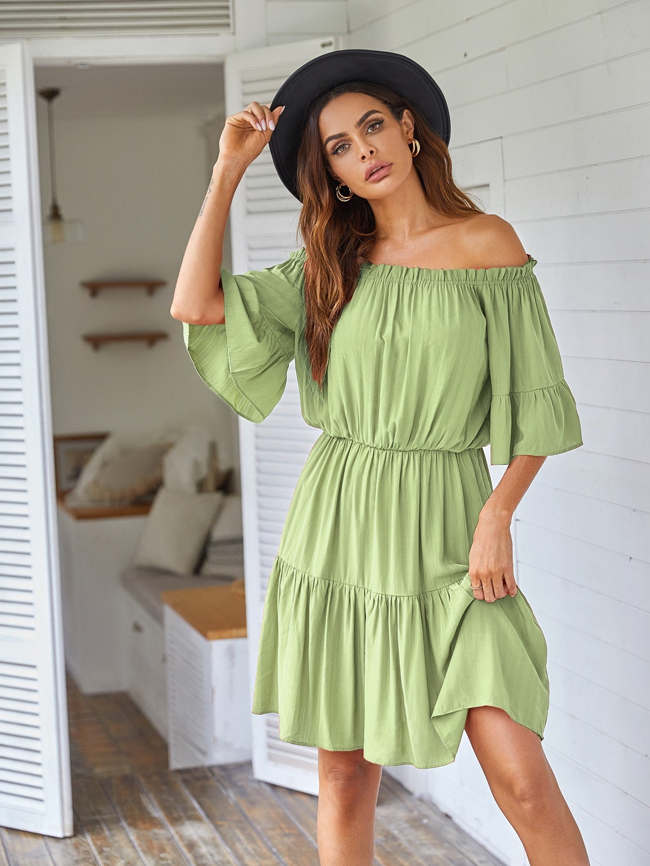 Frill Trim Ruffle Hem Bardot Dress