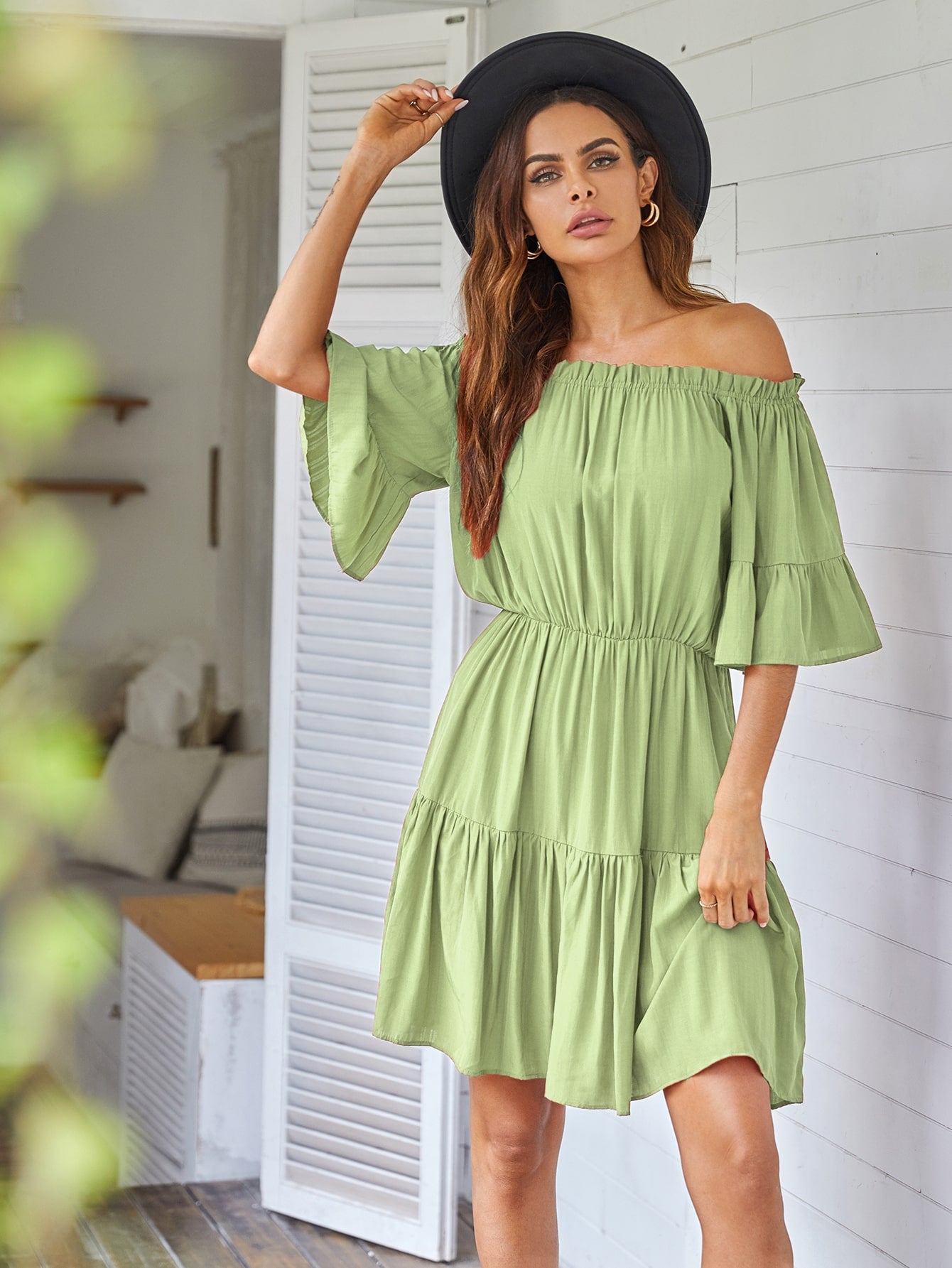 Frill Trim Ruffle Hem Bardot Dress