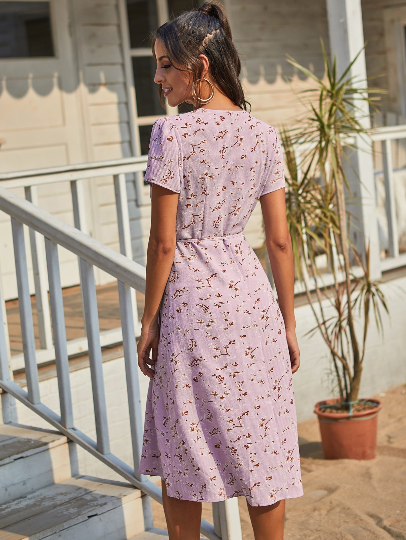 Allover Floral Print Surplice Neck Wrap Knot Dress