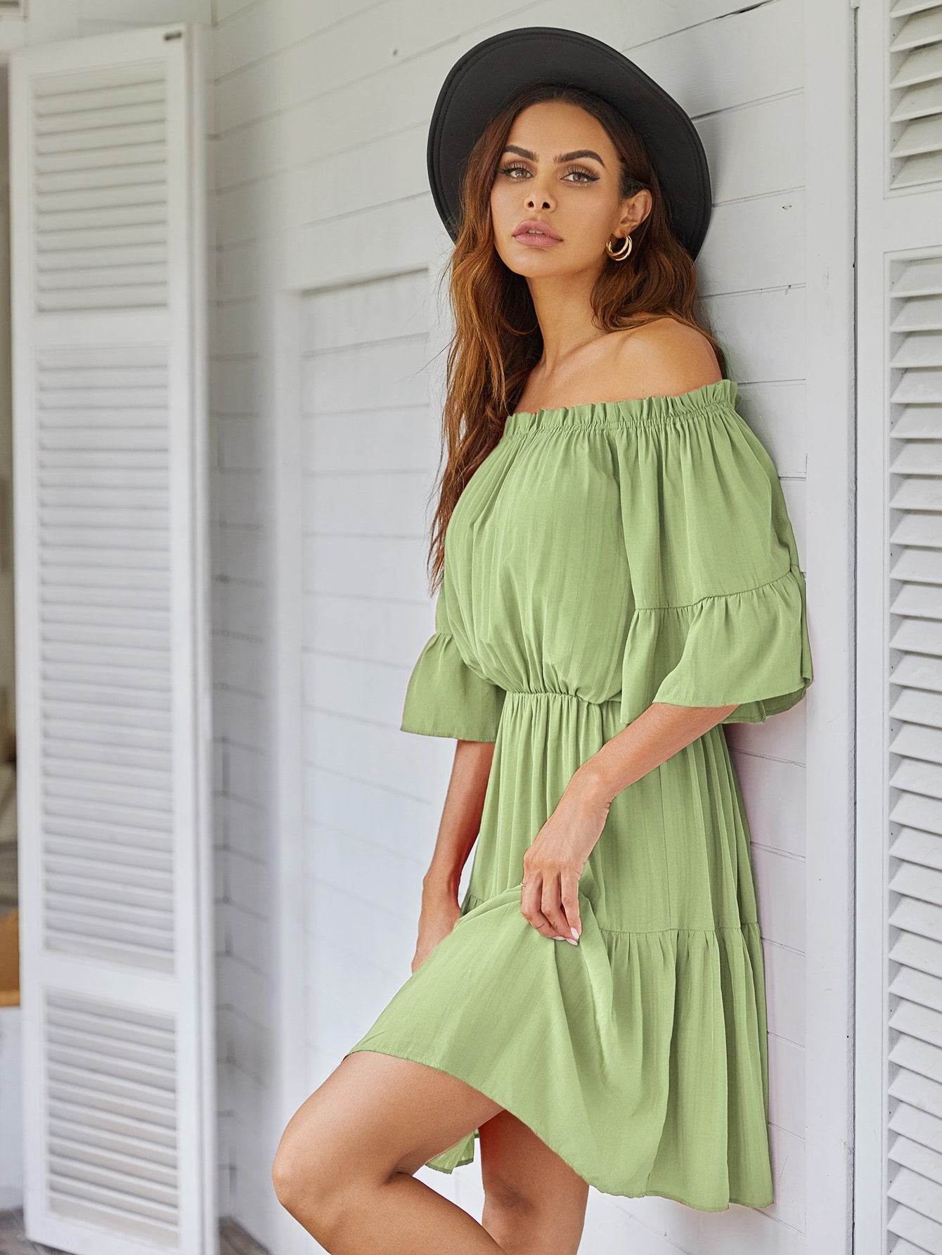 Frill Trim Ruffle Hem Bardot Dress