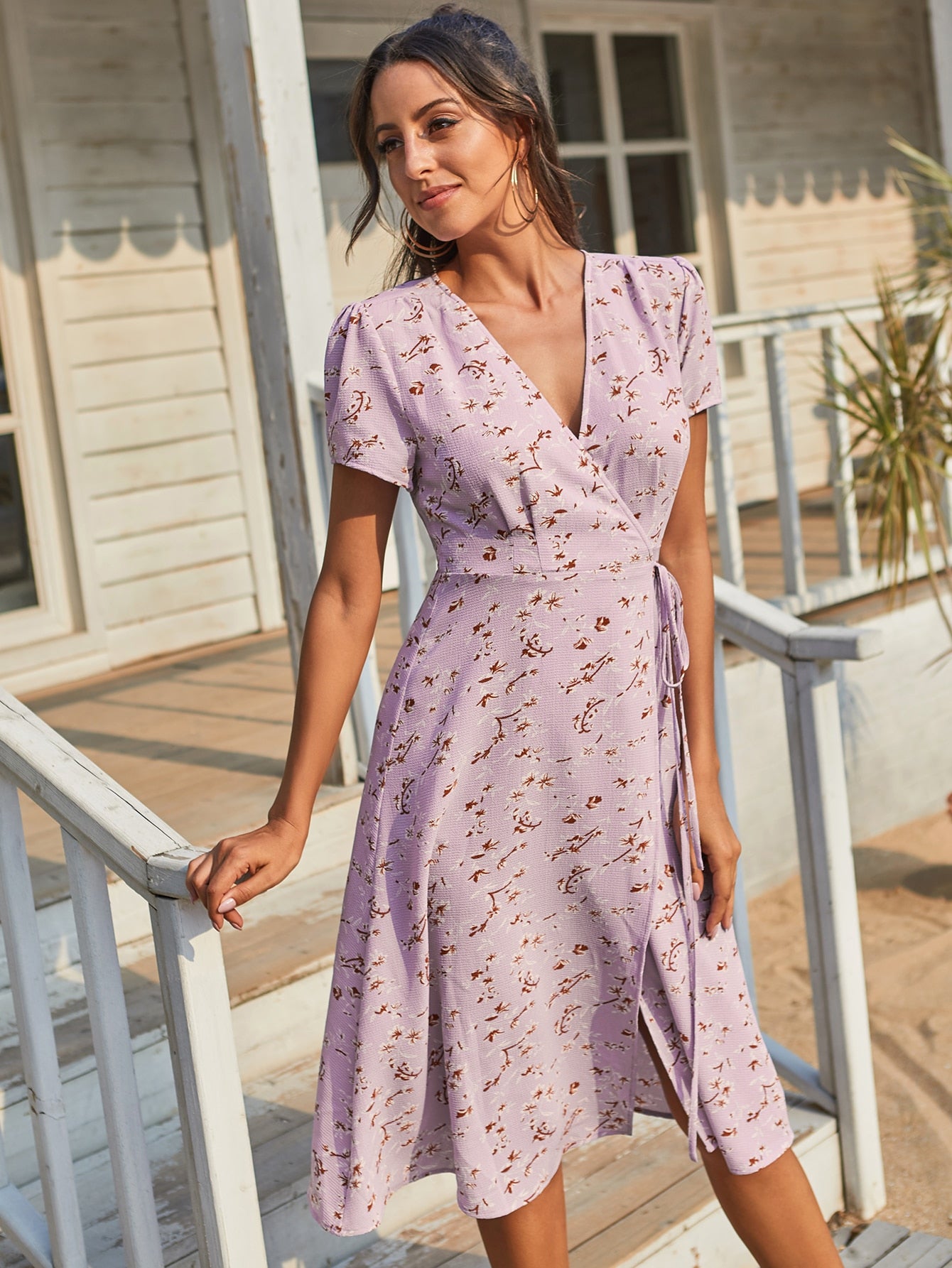 Allover Floral Print Surplice Neck Wrap Knot Dress